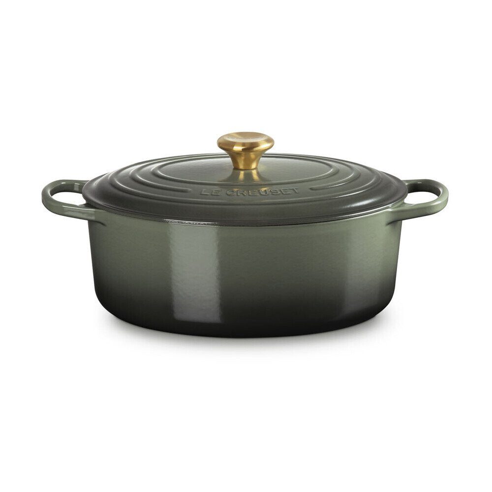 LE CREUSET Bräter Bräter mit Deckel 31 cm Signature Thyme, Gusseisen, ovaler Schmortopf, Cocotte, Bratentopf, ca. 6-7 Pers., Ø31cm, grün