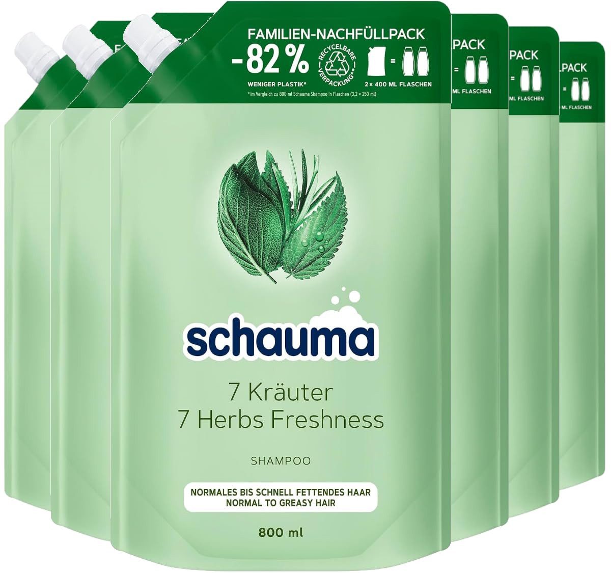 Schauma Haarshampoo 6x Schauma Shampoo 7 Kräuter Nachfüllpack (800 ml), 6-tlg., Frische-Shampoo für normales bis schnell fettendes Haar