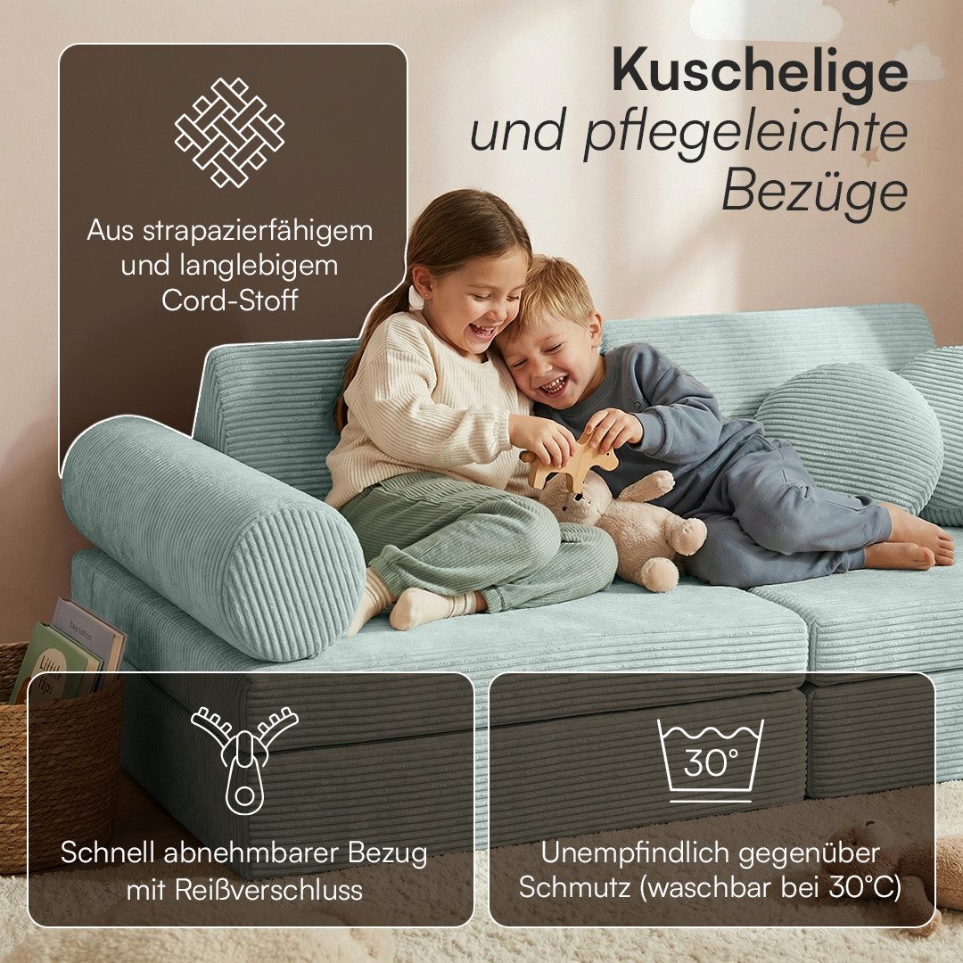 Bellabino Kindersofa Nile aus Schaumstoff Teilen, modulare Kinderspielcouch aus Cord, Türkis, mit Armlehnen, Cordbezug abnehmbar & waschbar, 160x52x75cm, Oeko-T – Bild 5 von 5