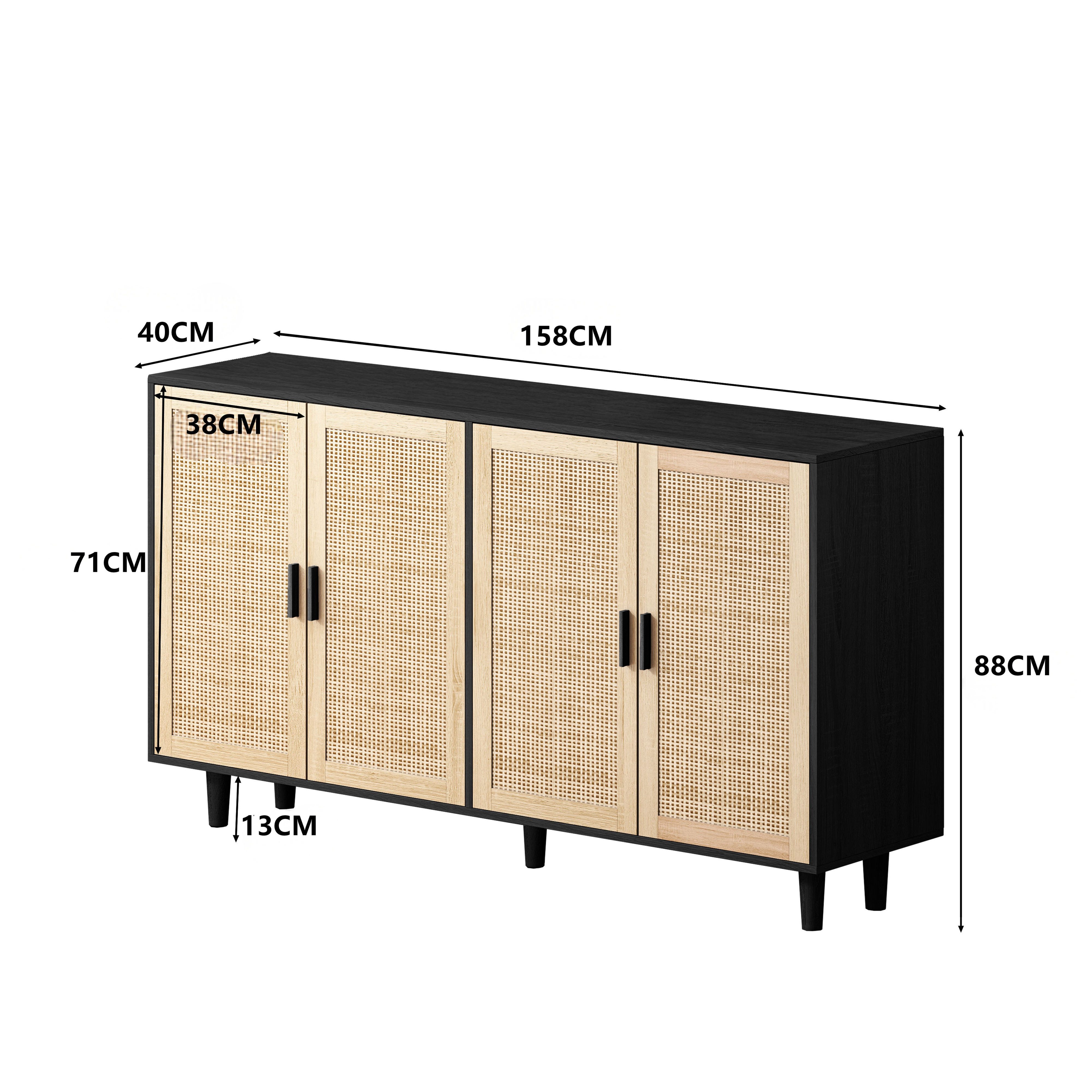 Furnishings Home Sideboard Sideboard mit 4 Türen, Schränke Kommode inkl. Rattan Decorative (1 St., für Esszimmer Schlafzimmer Wohnzimmer Flur, 158x40x88cm Highboard), Küchenmöbel, Kommt mit stabilen Holzbeinen und acht Fächern