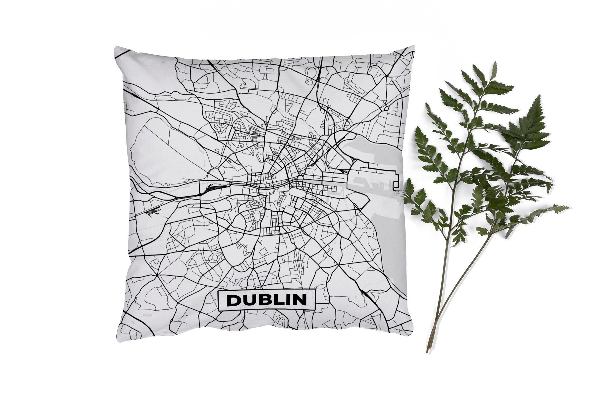 MuchoWow Dekokissen Karte - Dublin - Stadtplan - Schwarz und weiß - Karte, Zierkissen mit Füllung für Wohzimmer, Schlafzimmer, Deko, Sofakissen