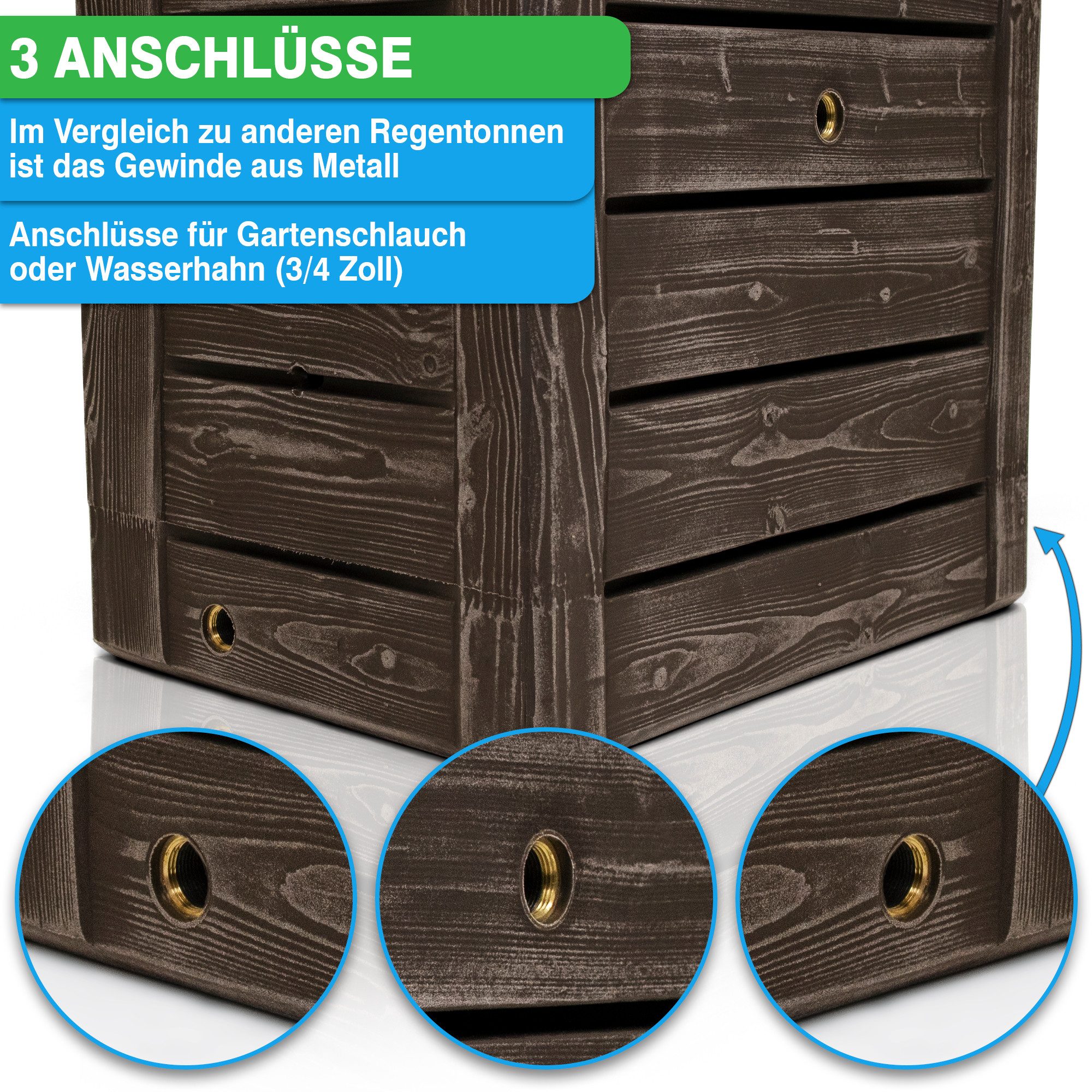 YourCasa Regentonne Regentonne [Slimline Nordic] Eckig und Schmal in Holzoptik, 230 l, Metallgewinde, Holzoptik, Platzsparend, Revivionsöffnung, 60x40x130cm