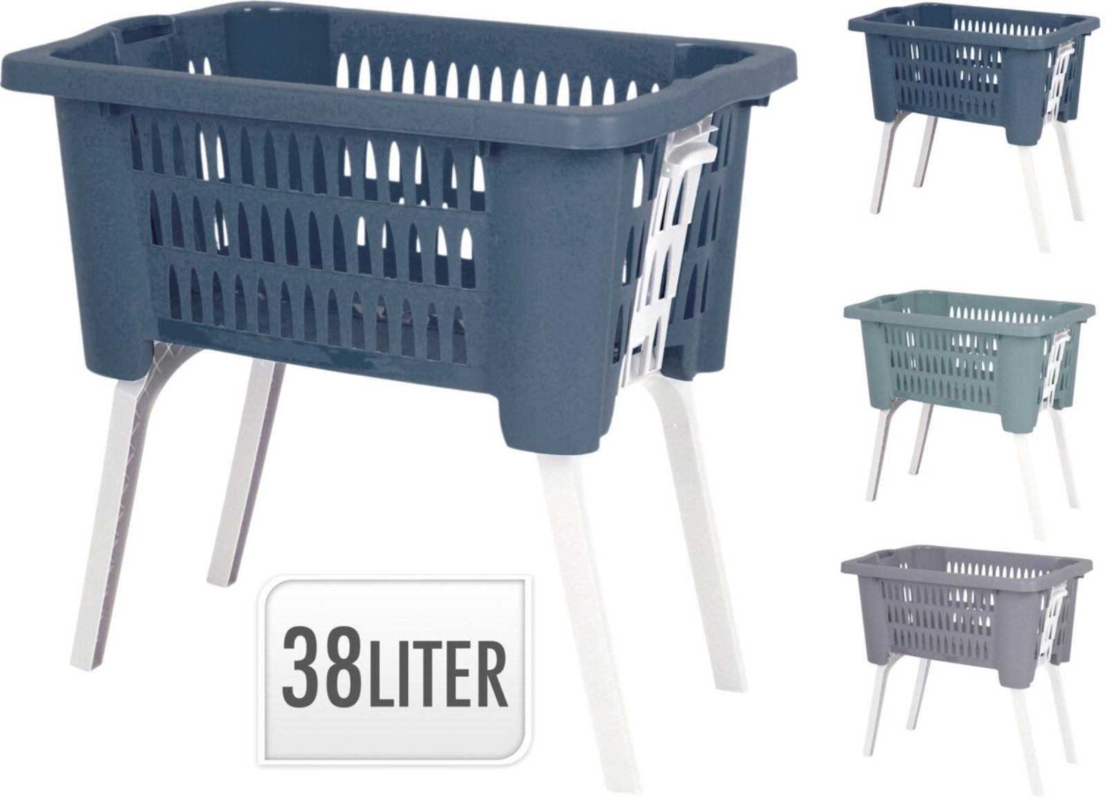 Koopman Wäschekorb Wäschebehälter Klappbar 38 L Blau / Grün / Grau (1 St., 1), klappbare Füße, Wäschesammler, 38L Volumen, Kunststoff, Camping