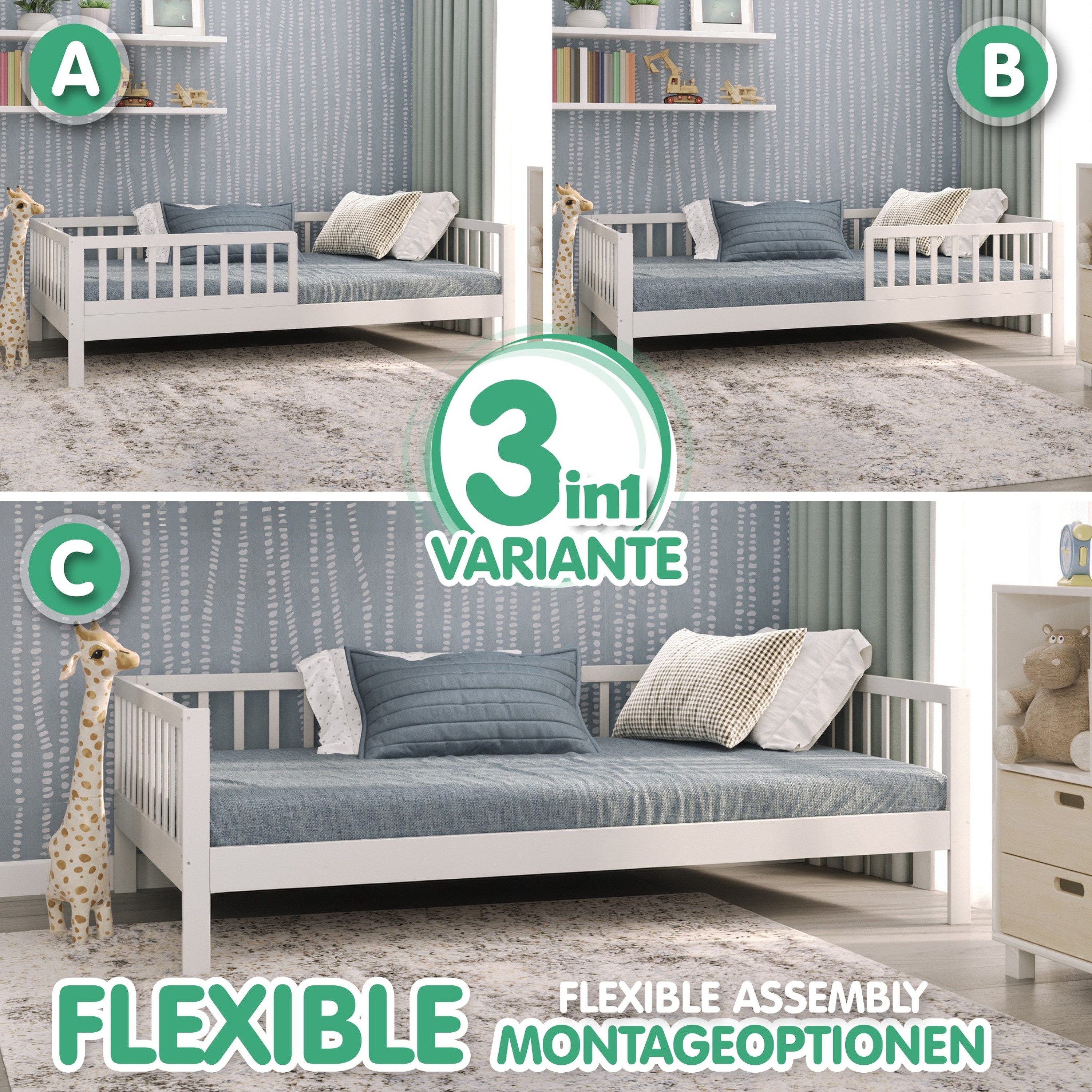 CADANI Kinderbett Nik - abnehmbarer Rausfallschutz - bis 200 kg belastbar (Jugendbett · bis 200 kg belastbar · inkl. Roll-Lattenrost), · Kiefer Massivholz · Farbe: Weiß