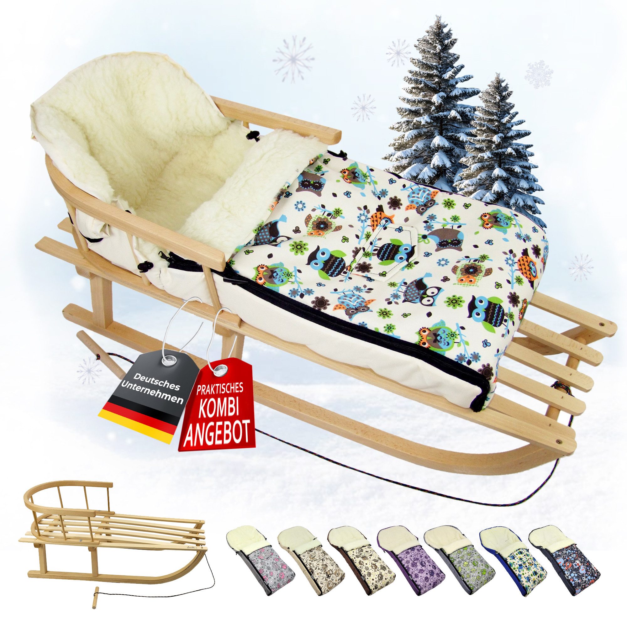 BambiniWelt by Rafael K. Davoser Schlitten CE-HOLZSCHLITTEN mit Rückenlehne Leine + WINTERFUßSACK Wolle 90cm EULE, Kombi-Angebot