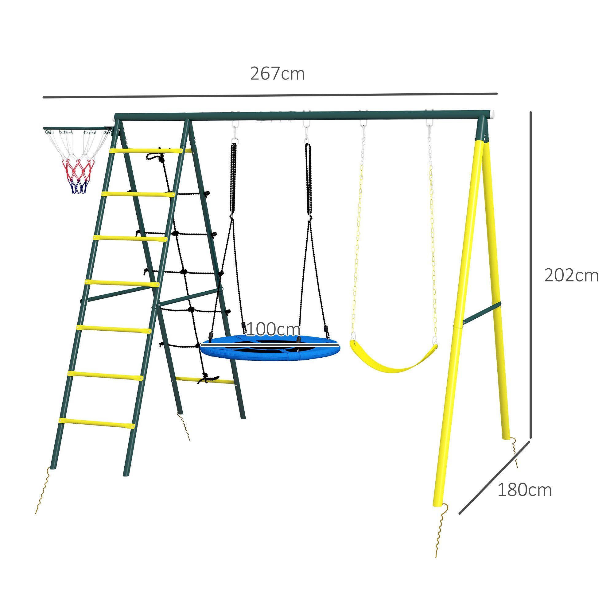 Outsunny Einzelschaukel 4-in-1 Schaukel, 2 Schaukeln, Basketballkorb, Kletterleiter, 160kg, (Schaukelgerüst, 1-tlg., Gartenschaukel), für Kinder 3-8 Jahre, Stahl, 2,67 x 1,8 x 2,02 m