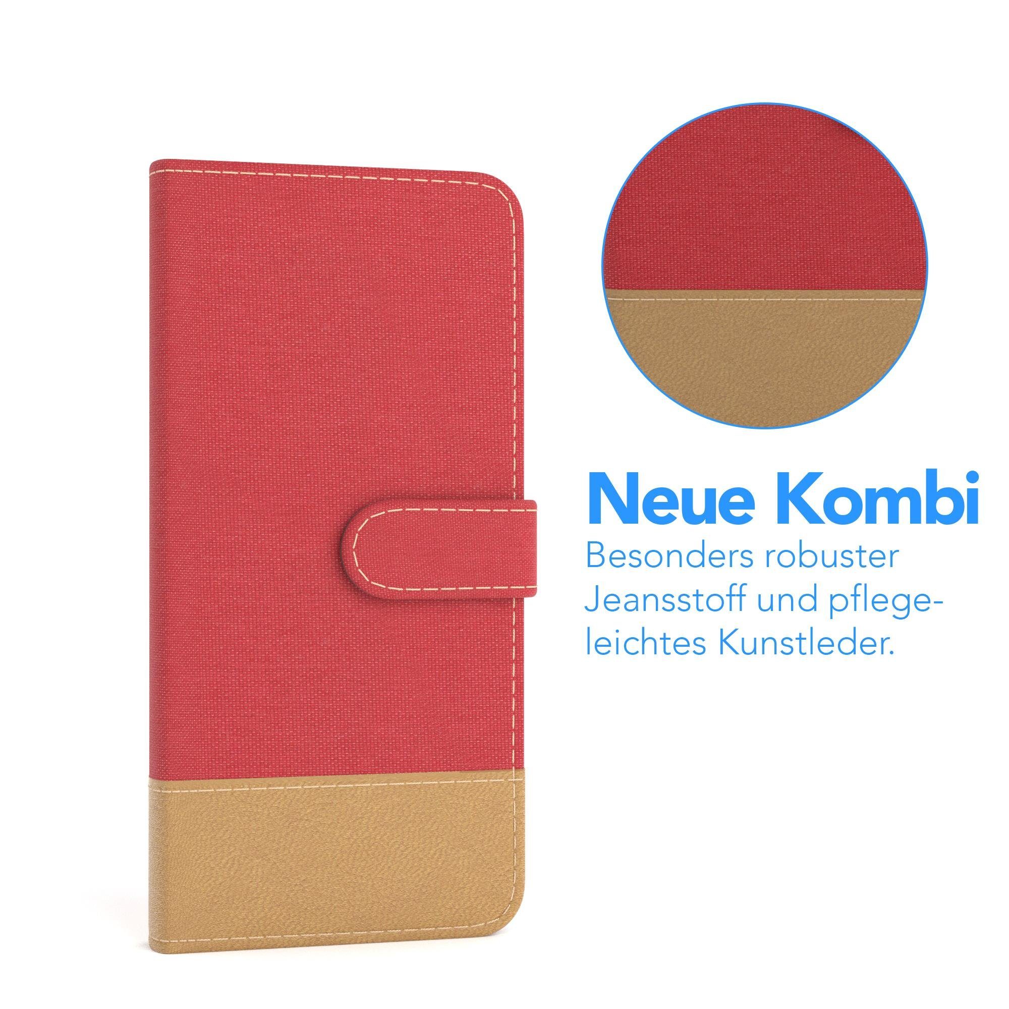 EAZY CASE Handyhülle Bookstyle Jeans für Samsung Galaxy S9 5,8 Zoll, Denim Etui Handytasche Kunstleder mit Standfunktion und wallet Rot
