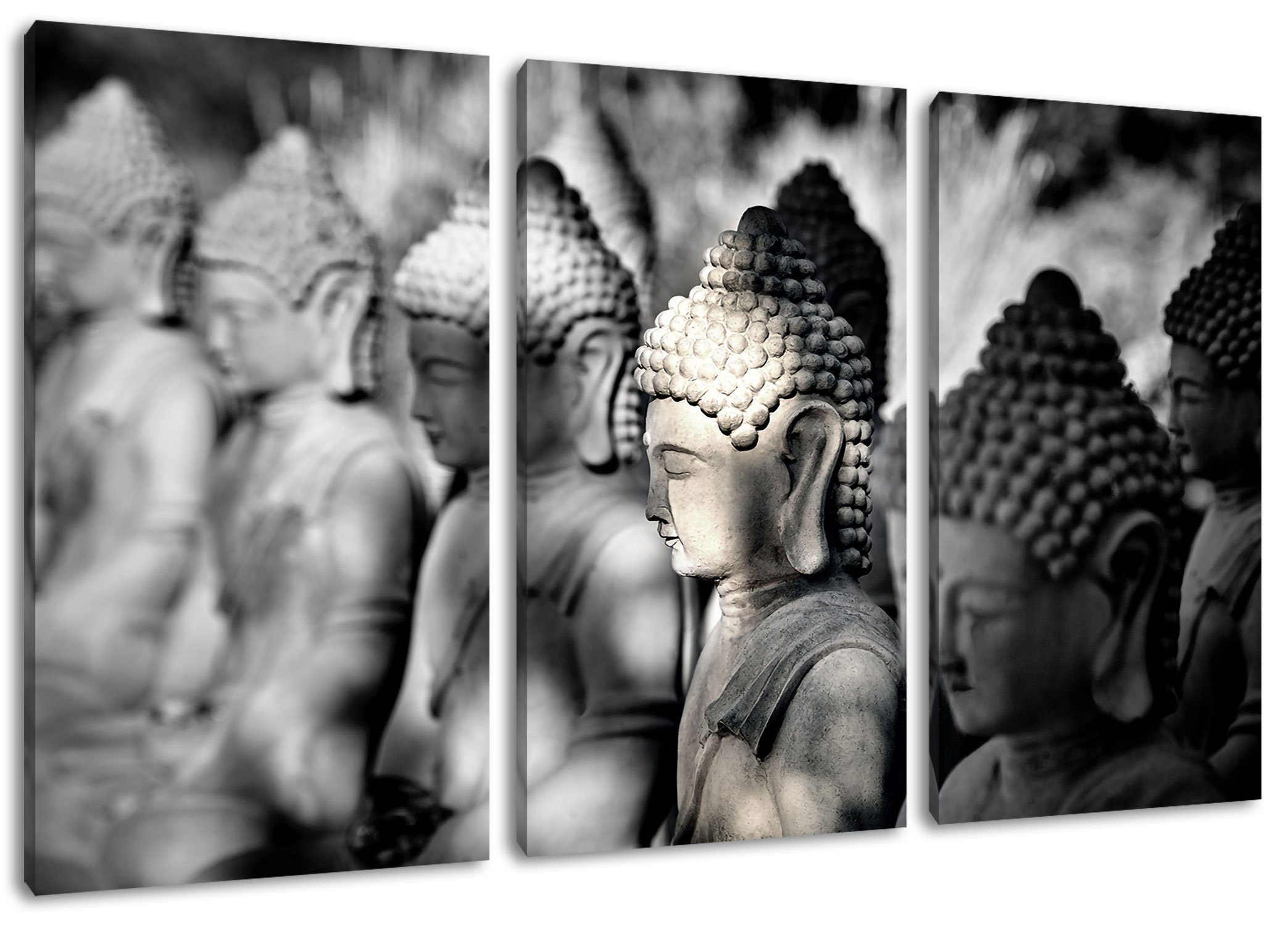 Leinwandbild 3Teiler Zackenaufhänger einer bespannt, Buddha-Statuen Reihe fertig Leinwandbild St), einer (120x80cm) inkl. Reihe, in Buddha-Statuen in Pixxprint (1