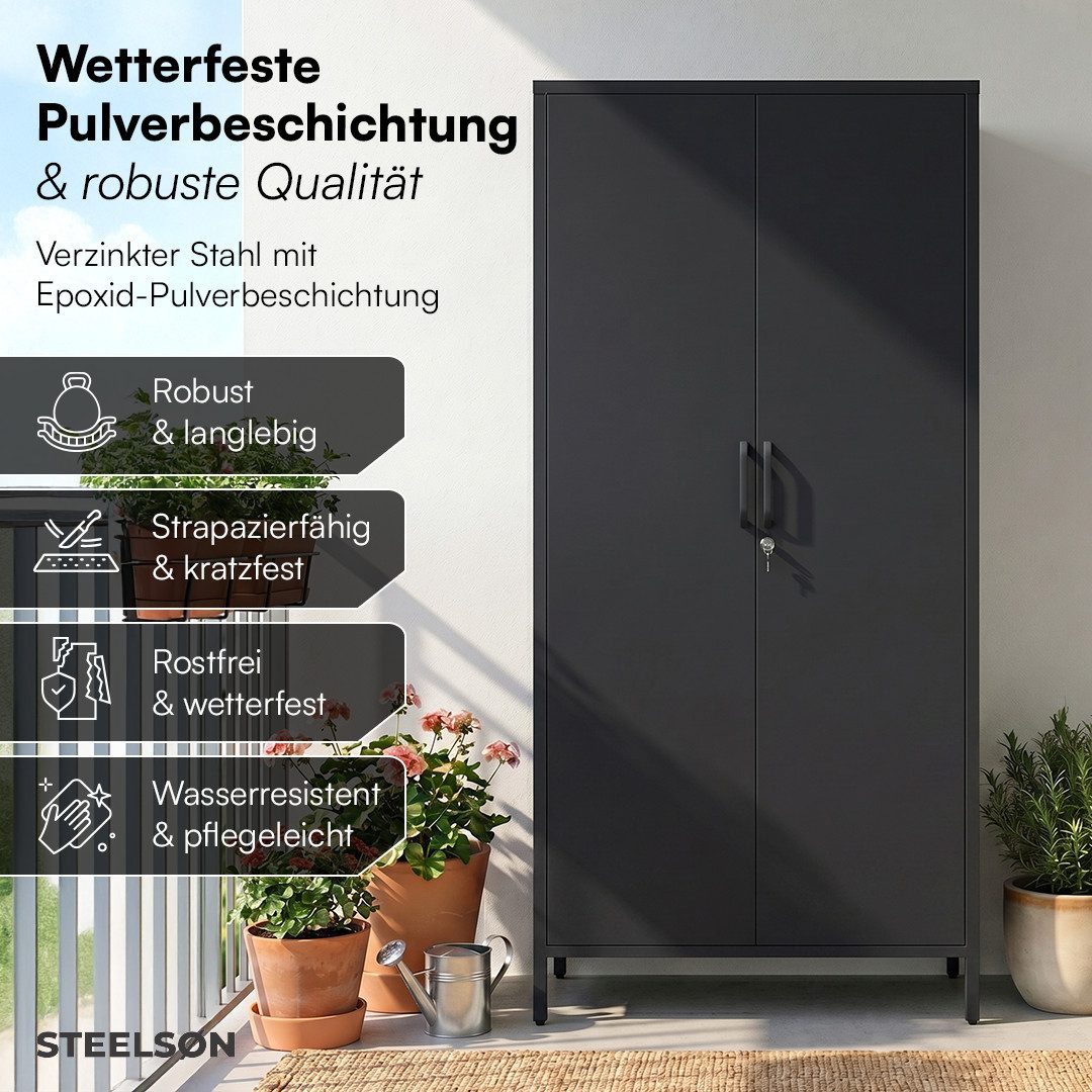 STEELSØN Geräteschrank Menkent Gerätekommode aus Metall mit Doppeltür & Schloss (schwarz, Outdoor Schrank) wetterfest & rostfrei, mit 2 Schlüsseln, mit verstellbaren Fächern