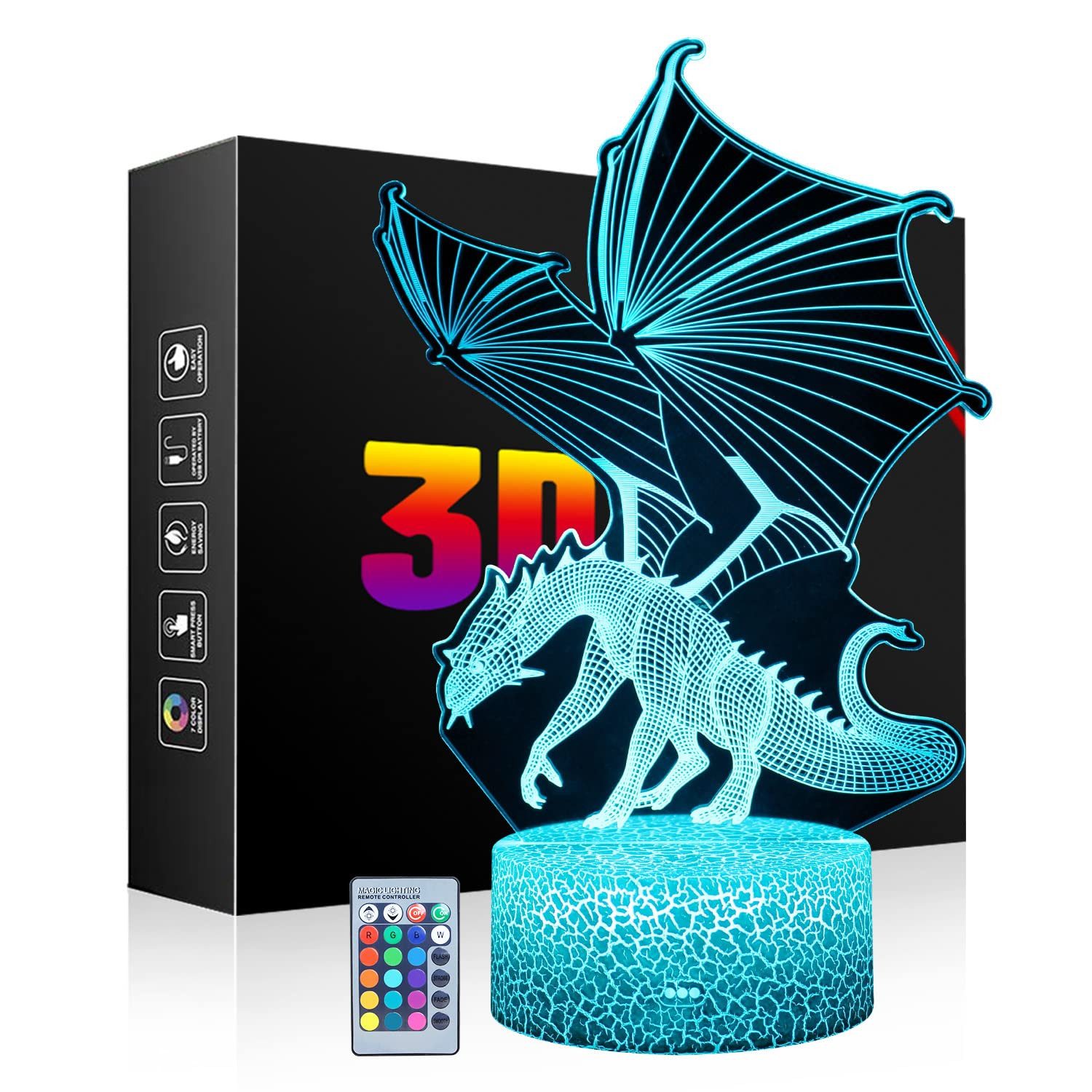 Dreamy Cubby Nachtlicht 3D Dinosaurier-Nachtlicht für Kinder mit 16 Farben & Fernbedienung., Energieeffiziente LED-Lichtquelle, langlebig und augenschonend., Bunt, 16 Farben & 4 Modi mit Fernbedienung, 3D-Dinosaurier-Design.