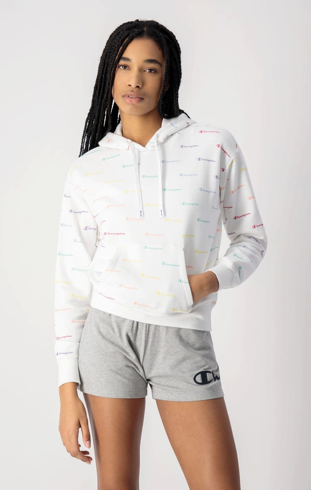 Champion Kapuzenpullover (Baumwolle Hoodie) Allover Logo-Print weiss Damen
