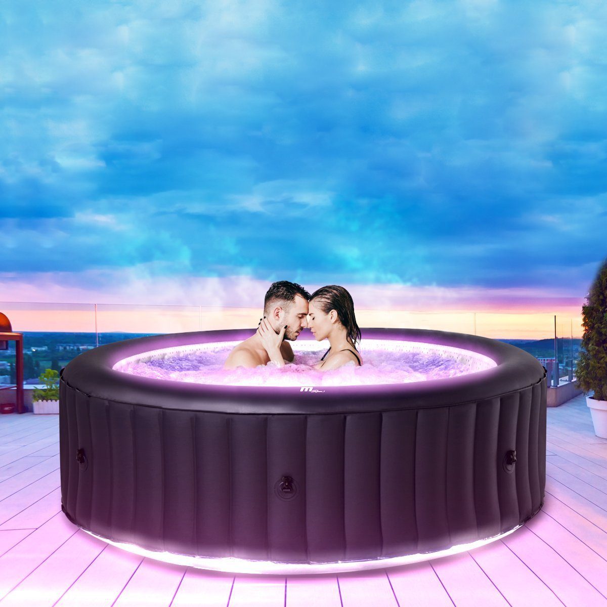 mSpa Whirlpool Outdoor Whirlpool aufblasbar Aurora U-AU06 für 6 Personen mit LED RGB, (Luxus Garten Pool - inkl. Wärmeschutzabdeckung - Indoor - UV-C Filter - Schnellheizsystem - Winterfest, 4-tlg., Sitzpolster - 6-Schicht-PVC - LED Fernbedienung - Selbstaufblasbar), Pool Rund - Ozongenerator - 138 Luftdüsen