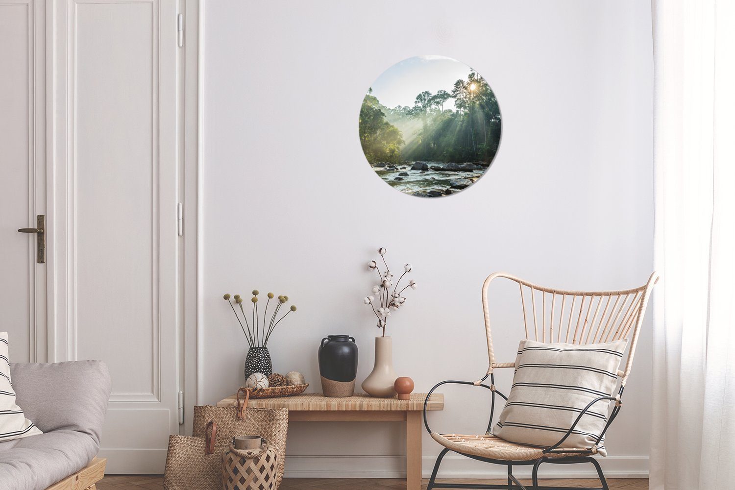 Die MuchoWow Forex, 30x30 einem cm Wandbild, in Kreis scheint Fluss einen Wanddekoration Rundes auf Wohnzimmer, (1 Gemälde Sonne St), Wald, malaysischen