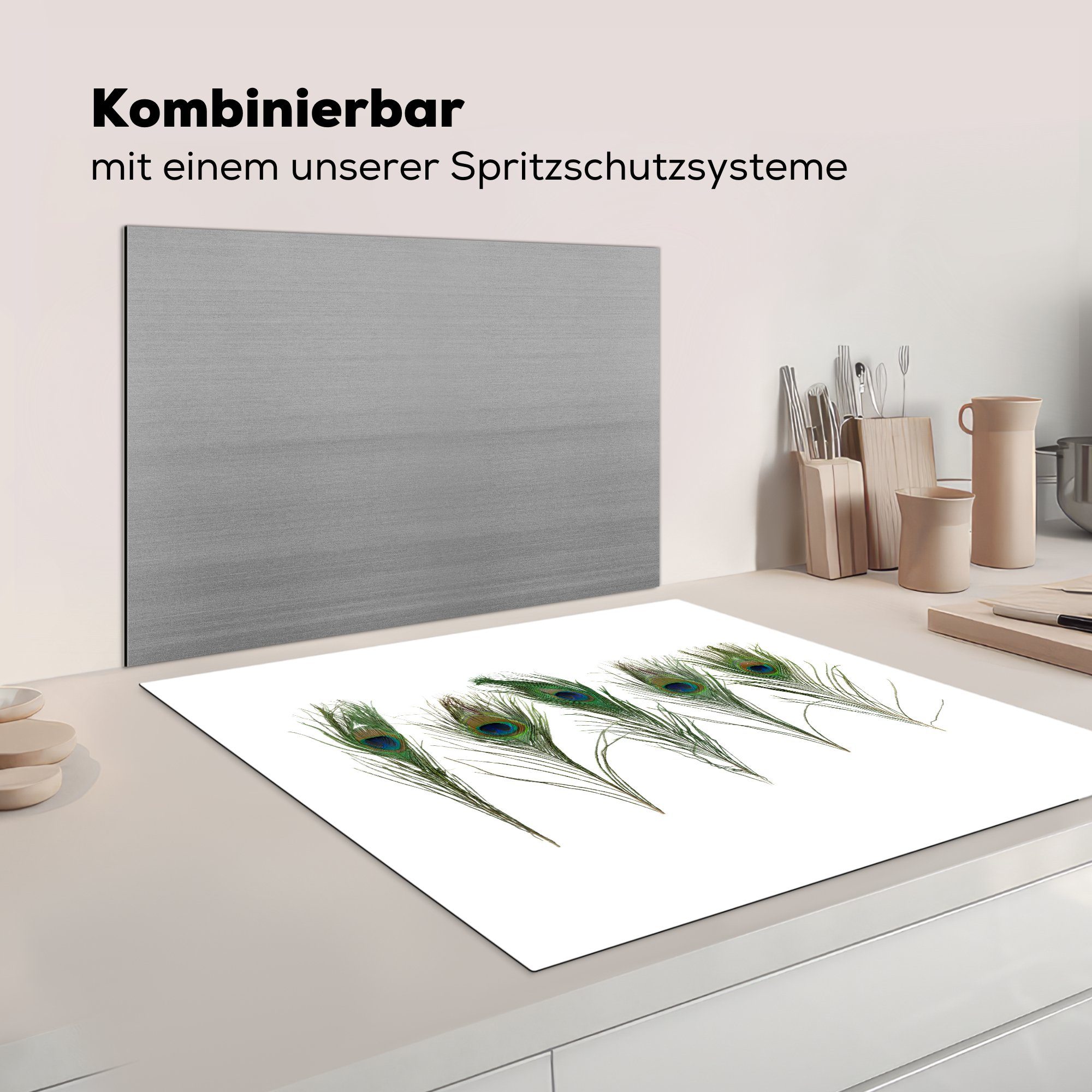 für Grün, tlg), - 78x78 Weiß - Herdblende-/Abdeckplatte MuchoWow cm, Pfauenfedern Vinyl, Arbeitsplatte Ceranfeldabdeckung, (1 küche