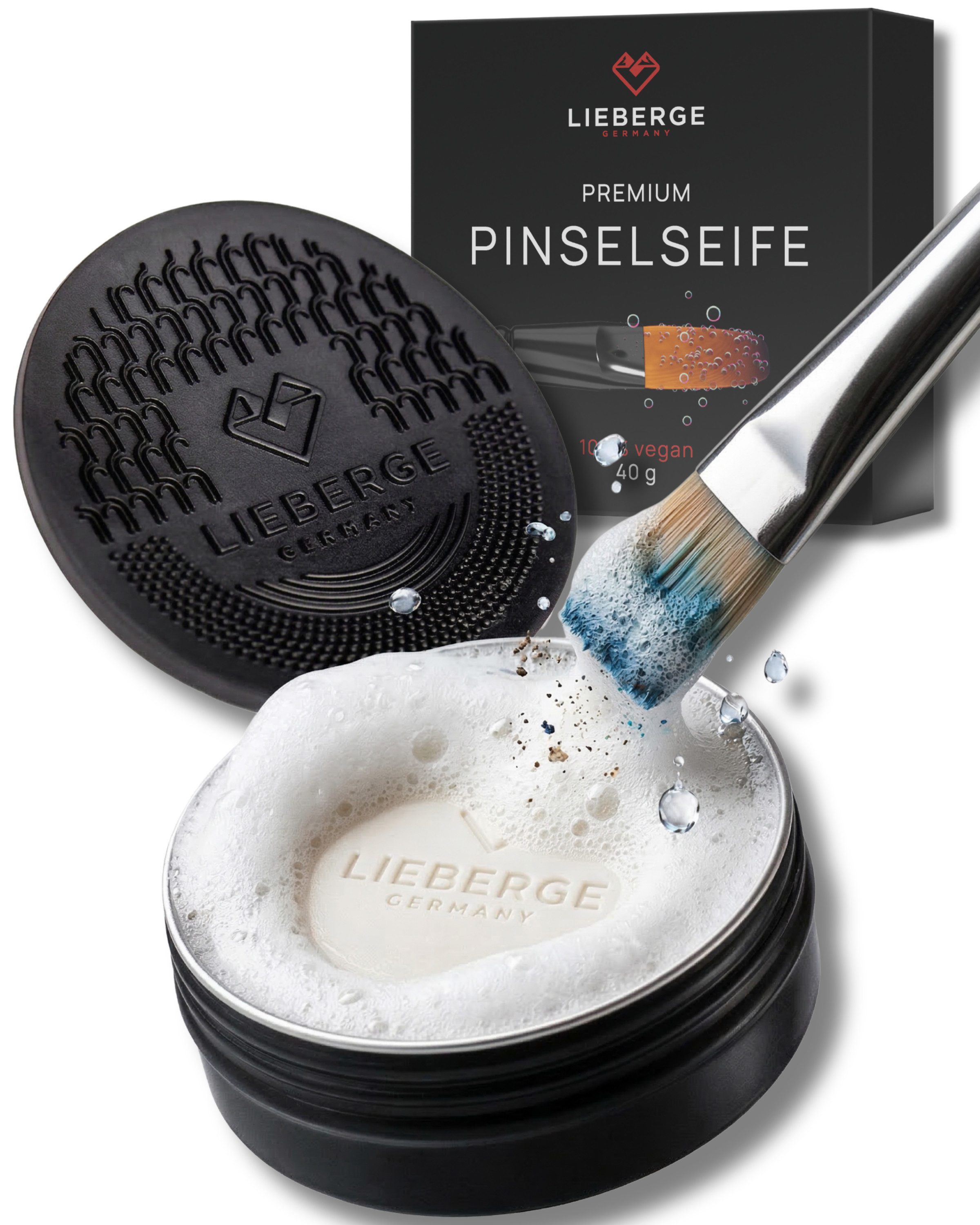 LIEBERGE Premium, 40g + hochwertige Pinsel Reinigungsmatte Pinselseife (Reinigungsset, [- 40g Gründliche Farbentfernung, Natur- & Synthetikpinsel)