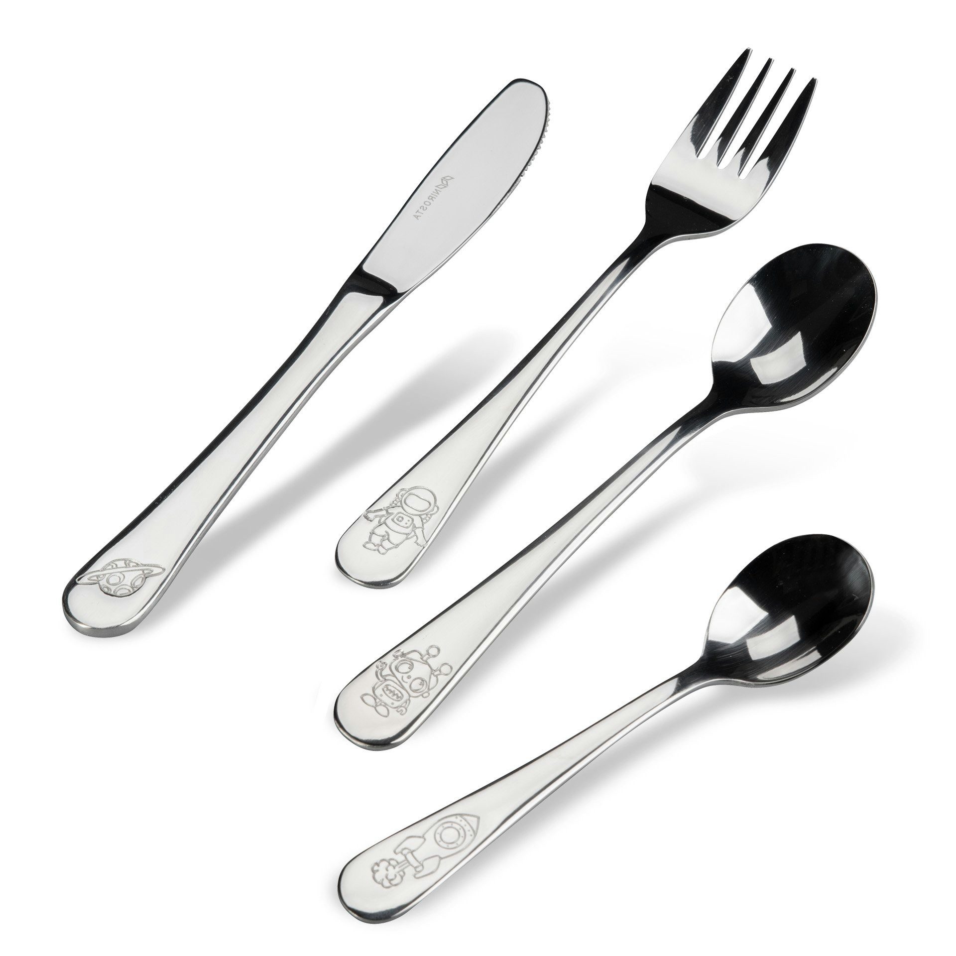 Nirosta Kinderbesteck Set, Kinderlöffel, Kindergabel, Kindermesser, Weltraum-Motive