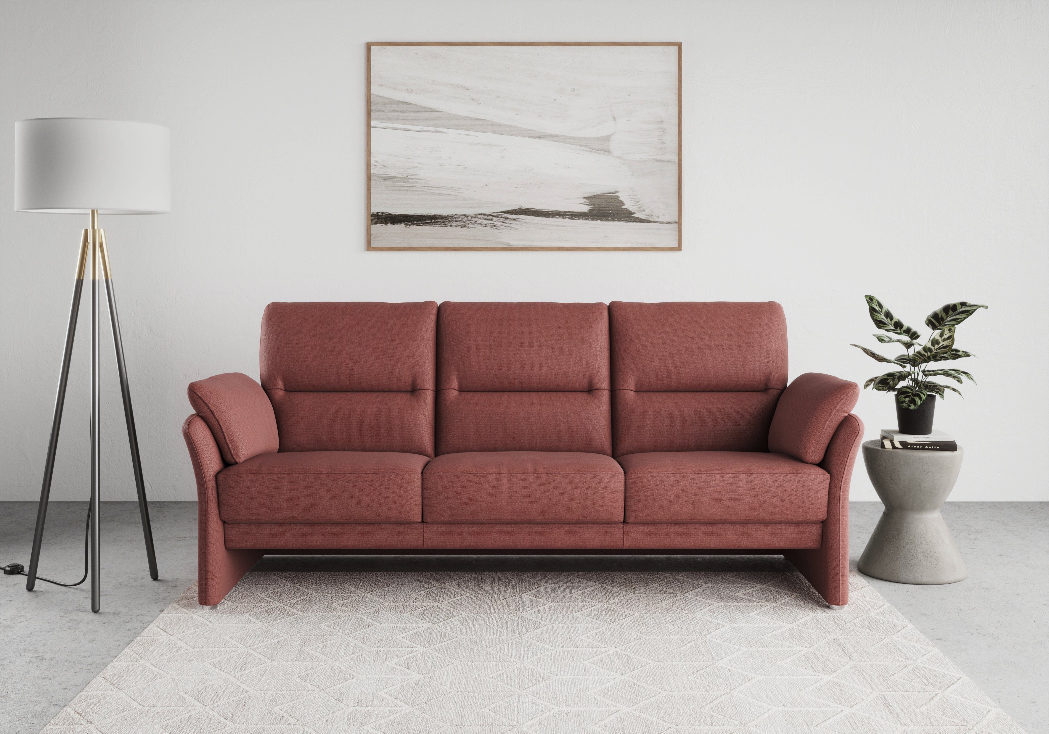 DOMO collection 3-Sitzer Pina, schmale Armlehnen, mit Federkern, kompakt & elegant, Hoher Sitzkomfort, Microfaser hochflorig, beere, Breite 219 cm