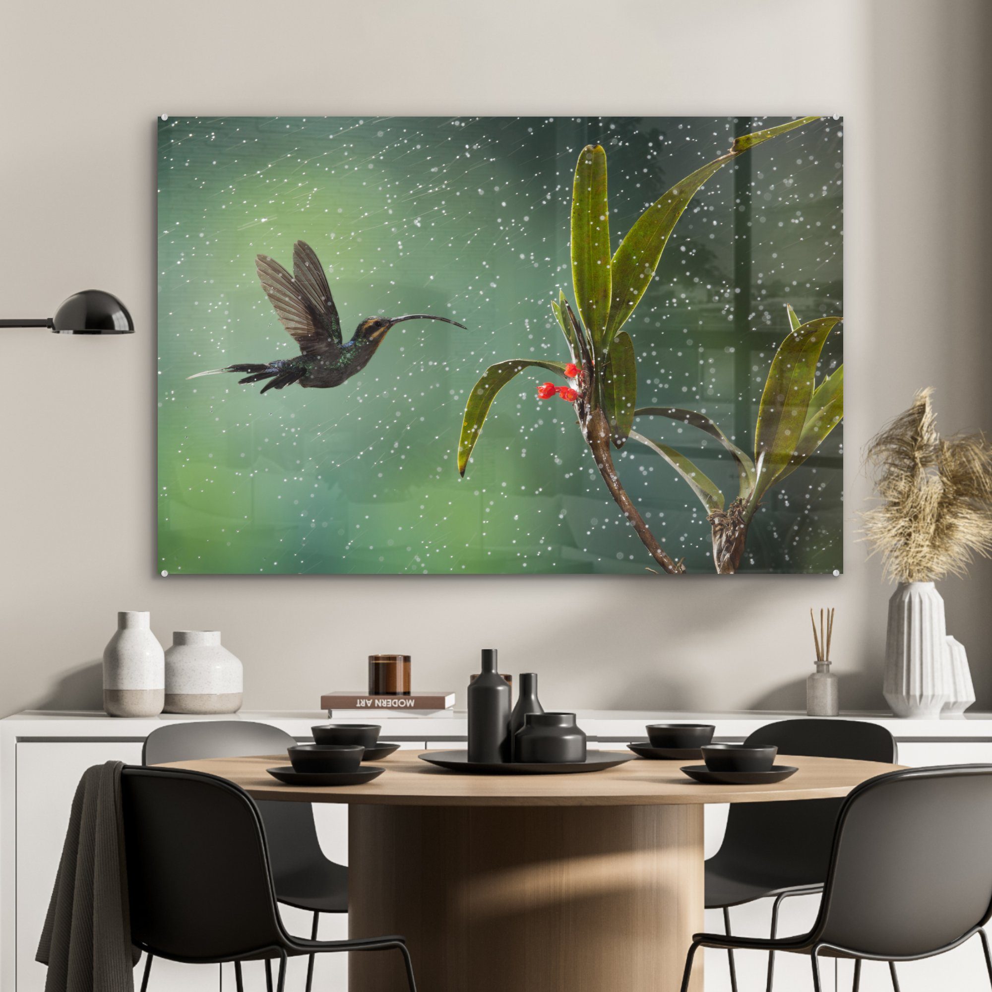 - Acrylglasbild Regen - St), MuchoWow Wohnzimmer - Kolibri Laub, & Acrylglasbilder Vogel (1 Schlafzimmer