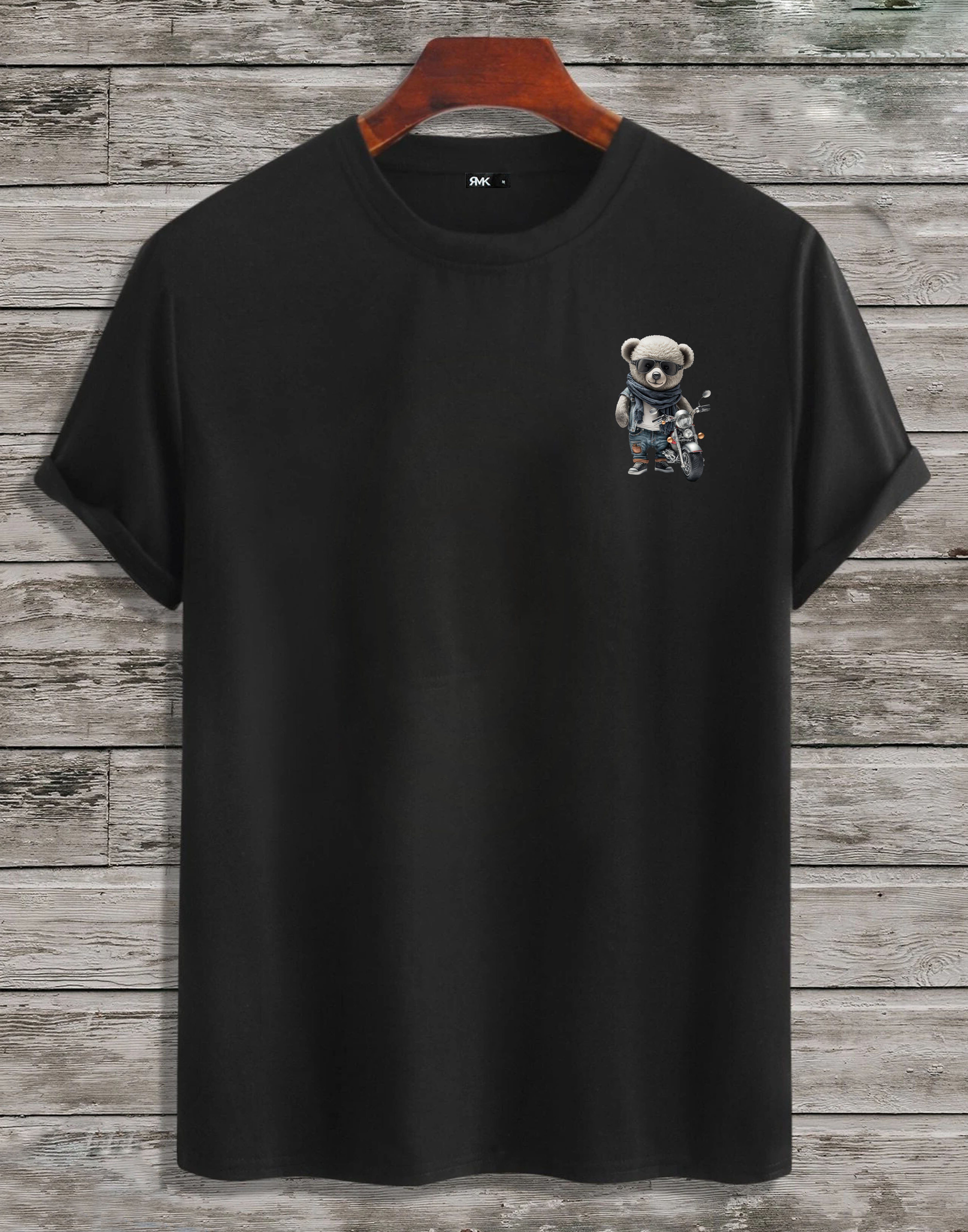 RMK T-Shirt Herren T-Shirt Rundhals mit Teddybär Motorrad Schwarz (klein)