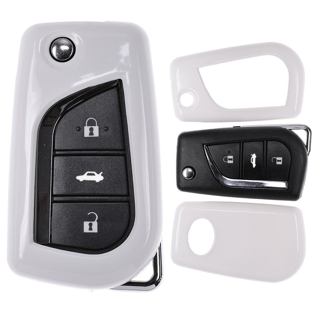 mt-key Schlüsseltasche Autoschlüssel Hardcover Schutzhülle Weiß, für Toyota Auris Corolla Avensis Verso 2012-2015 Klappschlüssel