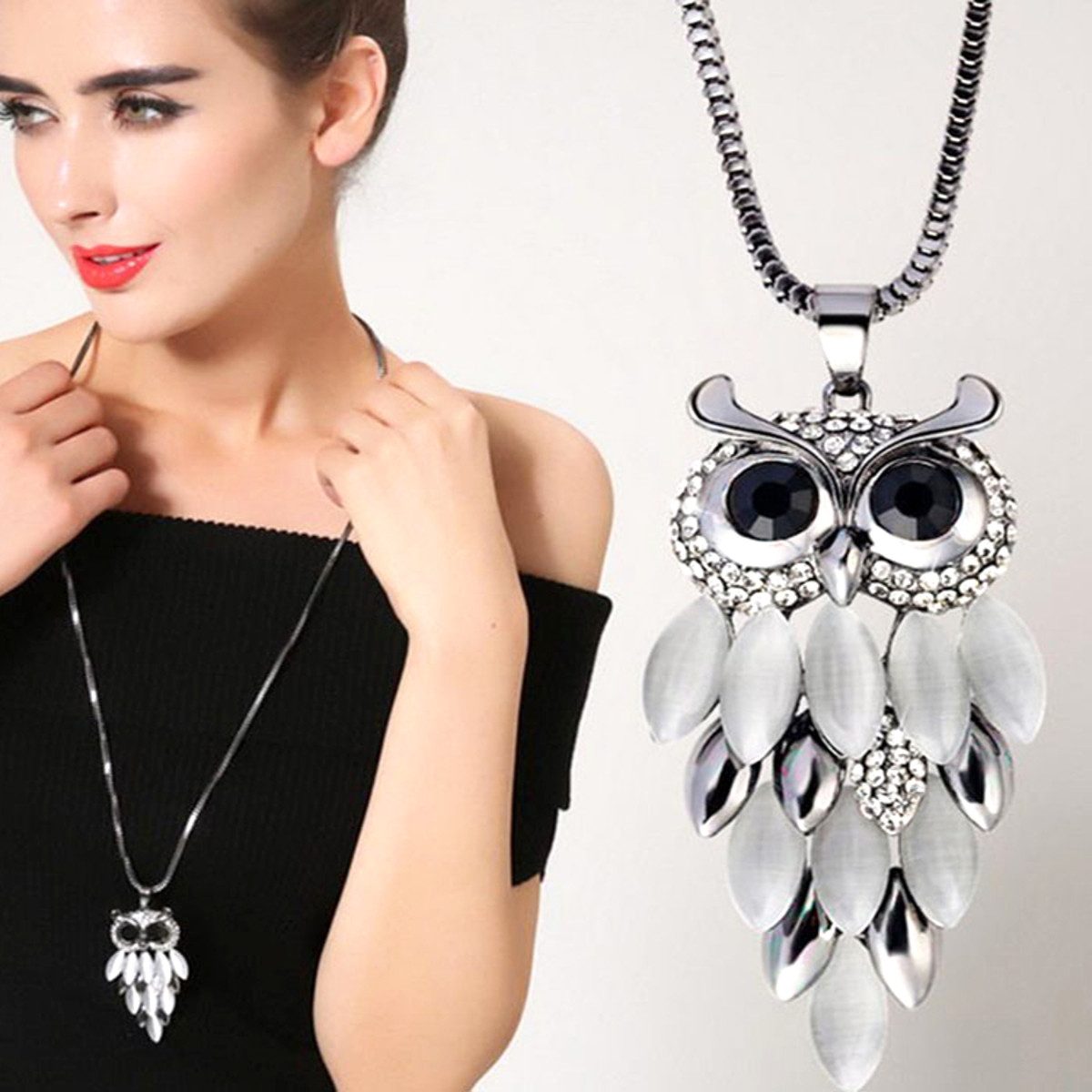 KARMA Lange Kette Lange Halskette Damen Damenkette Eule (Tiere Anhänger, Pullover Kette), 74cm silber schwarz