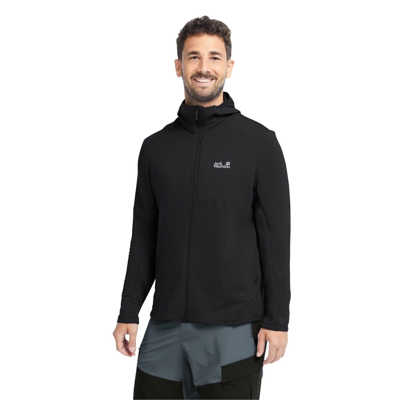 Jack Wolfskin Fleecejacke Litestride Hooded Full Zip (mit Kapuze, elastisches Material) schwarz