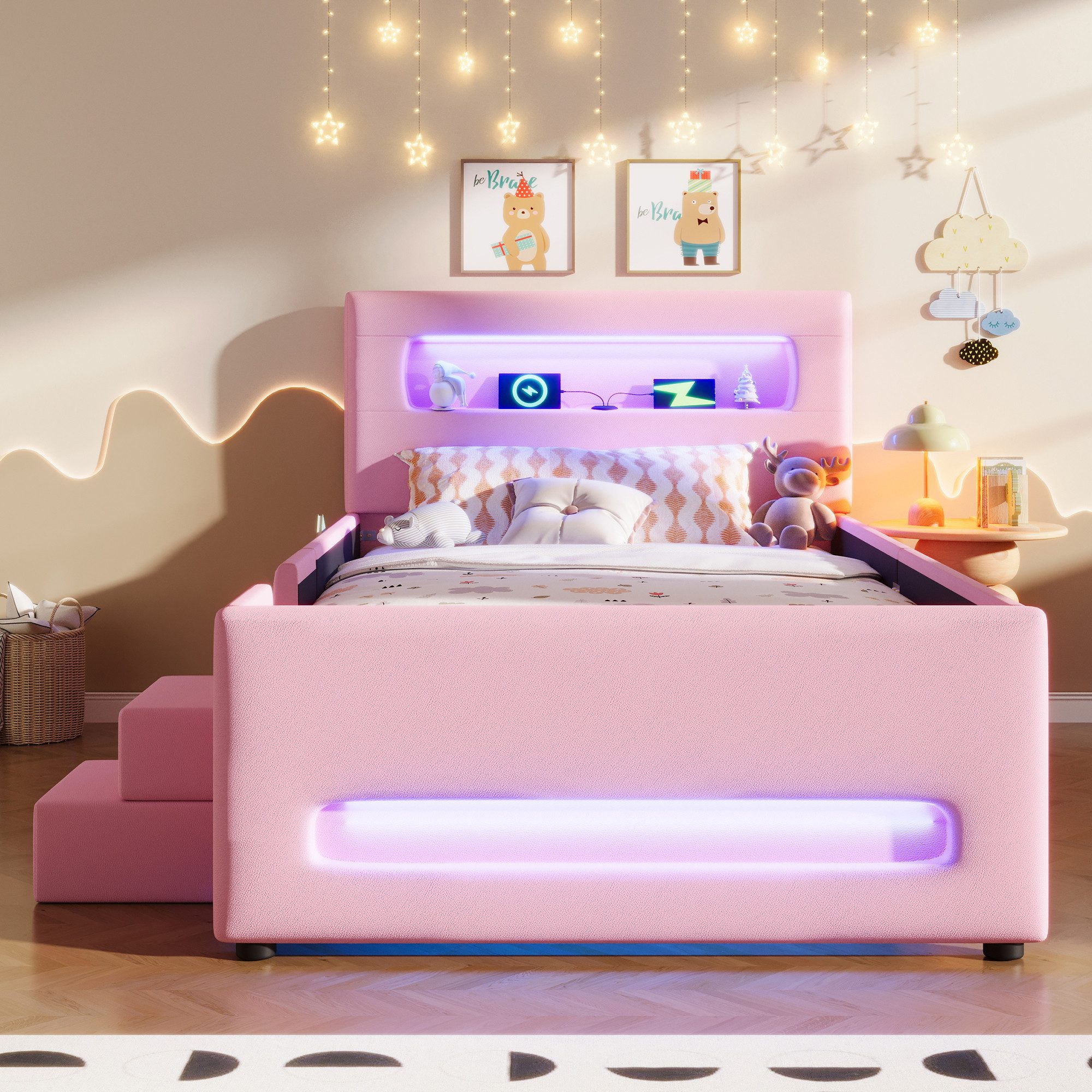 Merax Polsterbett 90x200cm Plattformbett mit LED-Lichtleisten (Jugendbett Einzelbett, 1-tlg), Kinderbett mit Treppe, Schublade, Stauraum & Taschen, Kunstleder