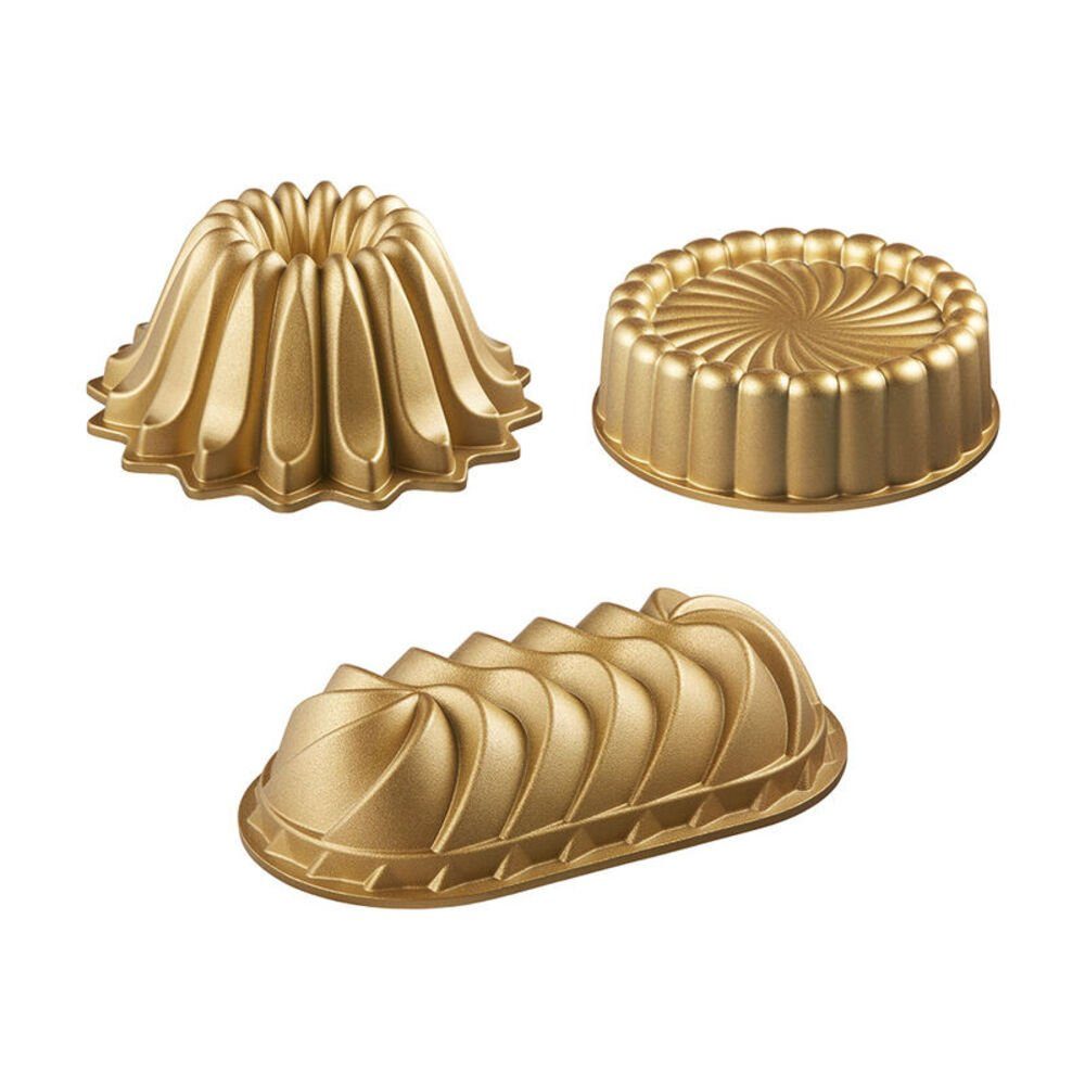 Hagen Grote Backform 3-teiliges Gussaluminium Формы для выпечки-Set, (3-tlg), Lotusblüte, Charlotte, Wellen-Rechteck