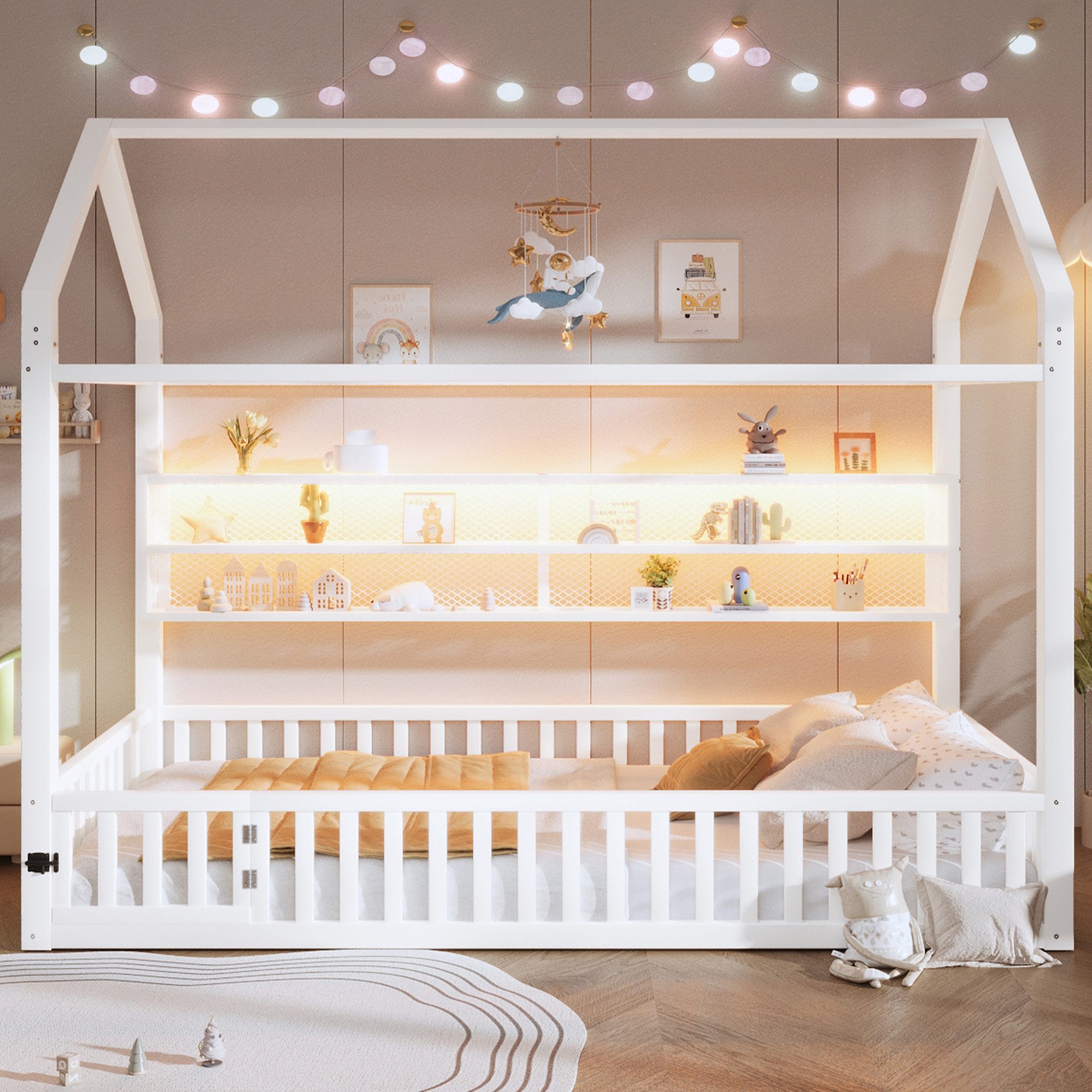 Celya Kinderbett 90x200 Hausförmiges Plattformbett mit Zaun und LED-Beleuchtung (weiß)
