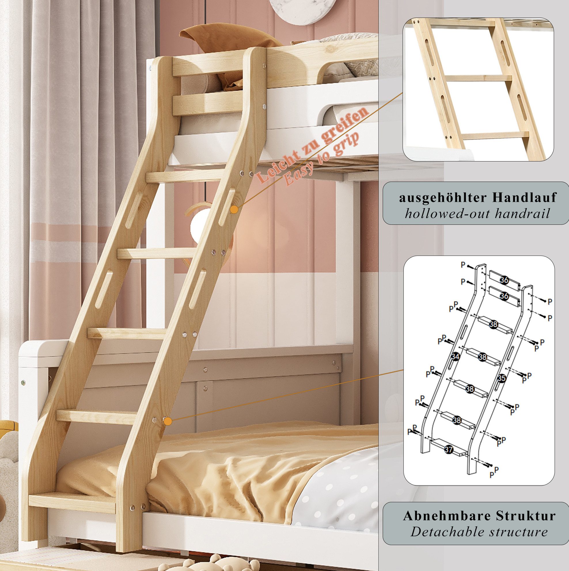 MODFU Etagenbett Kinderbett mit Stauraumleiter, Bettkästen (90x200/140x200 cm Gästebett mit Absturzsicherung und viel Platz, Holzbett Jugendbett für Geschwister im Kinderzimmer), ohne Matratze