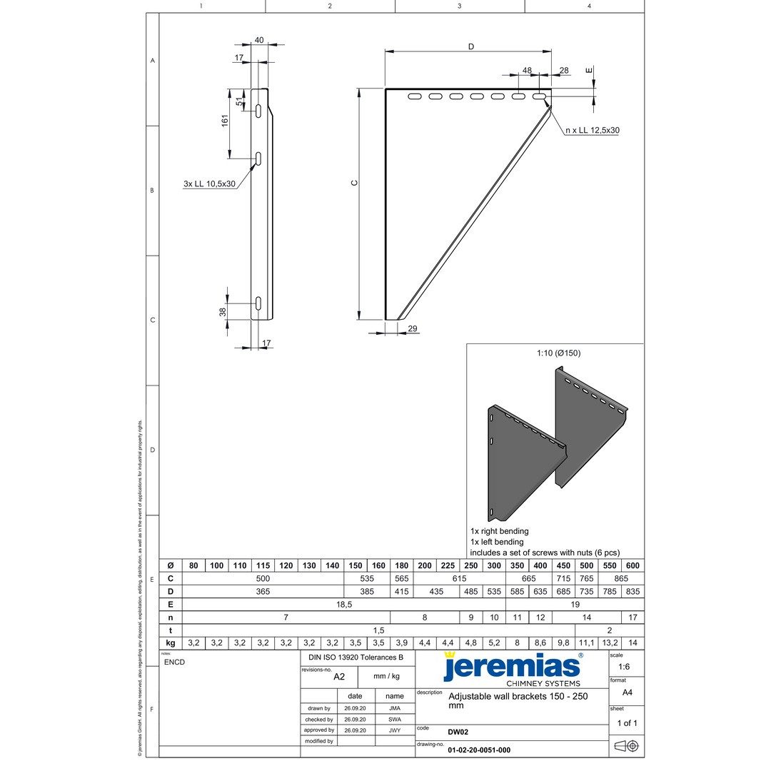 Jeremias Schornstein Ø 180 mm - Konsolbleche verstellbar von 150 - 250 mm, Ø 180 mm