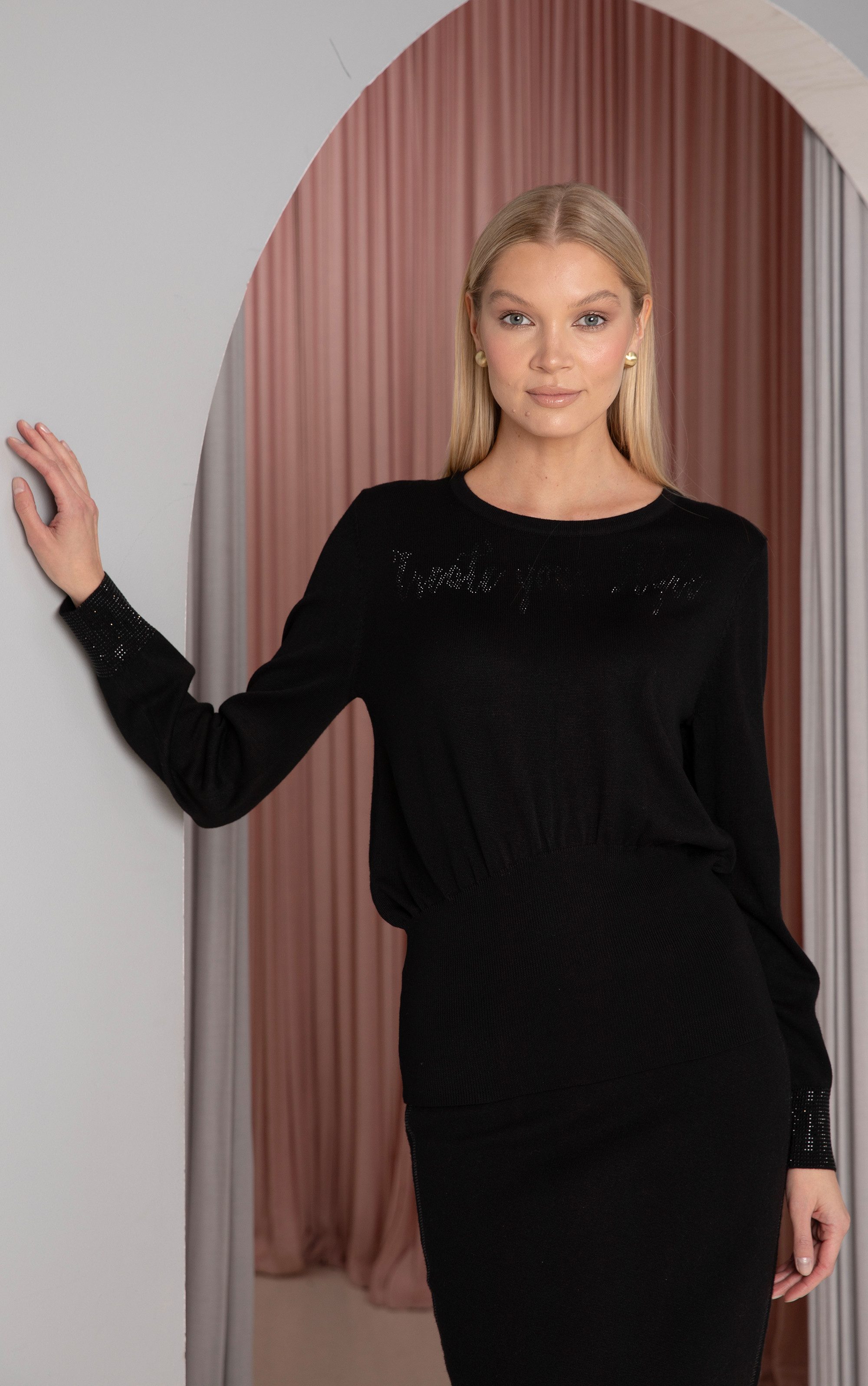 Passioni Strickpullover mit breitem Bund und Strassdetail günstig online kaufen