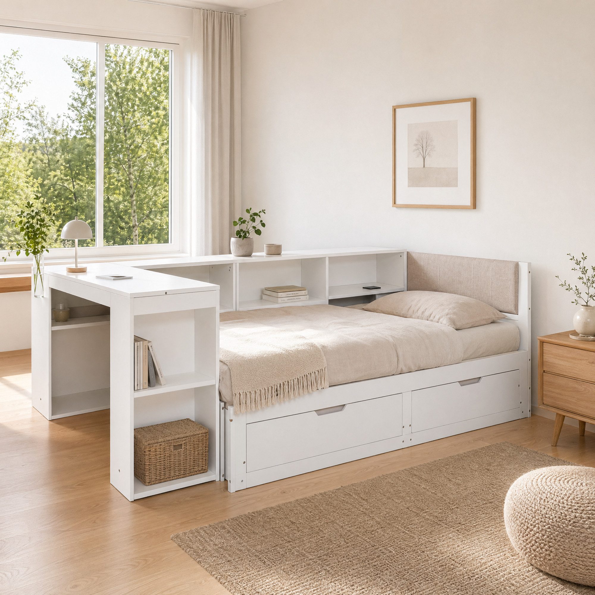OKWISH Stauraumbett 90x200cm ausziehbarer Bettrahmen in Weiß mit Schreibtisch & Leseecke (Packung, 1-tlg., Steckdose, 2 Unterbett-Schubladen & Lattenrost), Platzsparendes All-in-One-Bett für Kinder & Jugendliche(ohne Matratze)