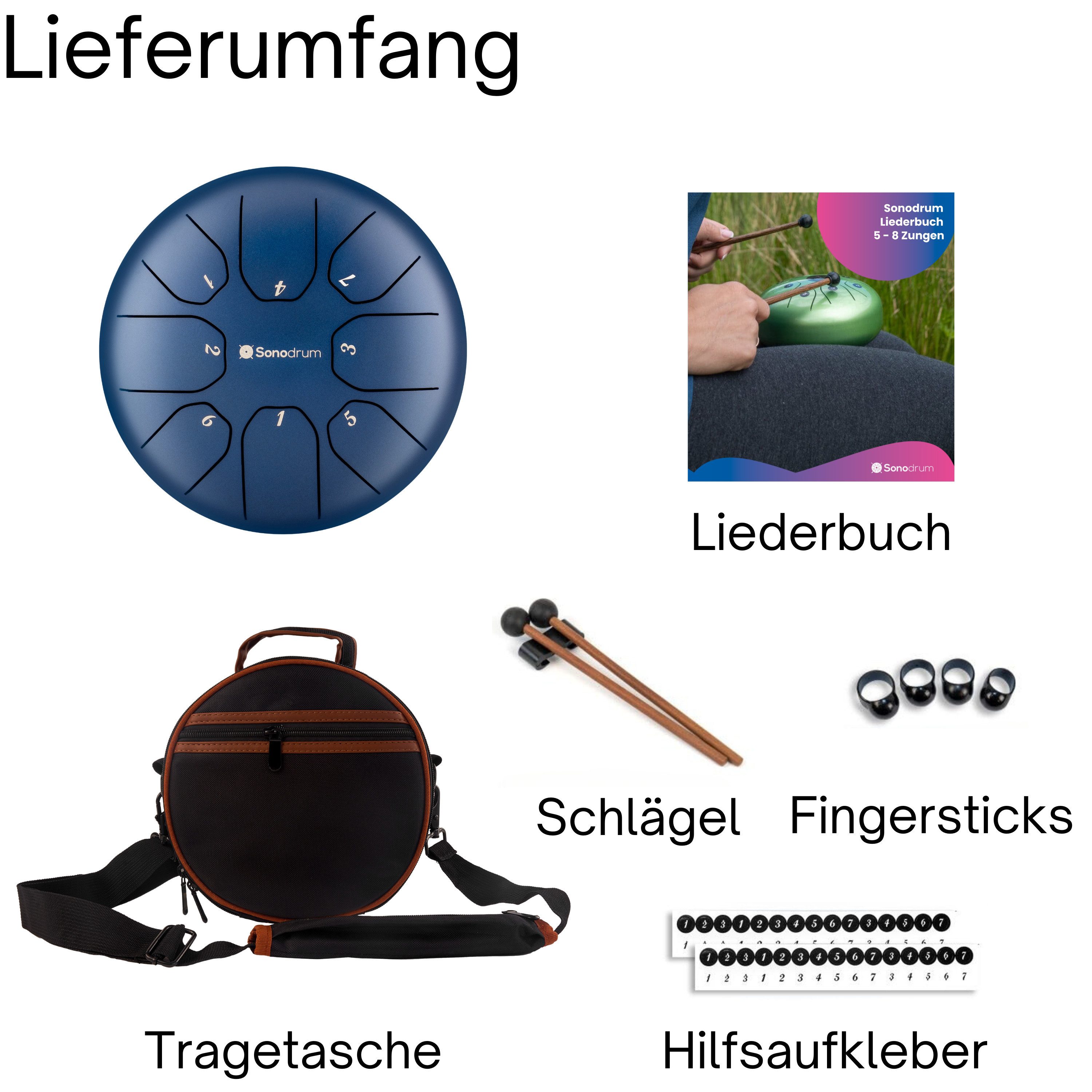 Sonodrum Steel Tongue Drum "Standard", C-Dur, 20 cm, 8 Zungen inkl. Liederbuch und Tragetasche – Bild 5 von 5