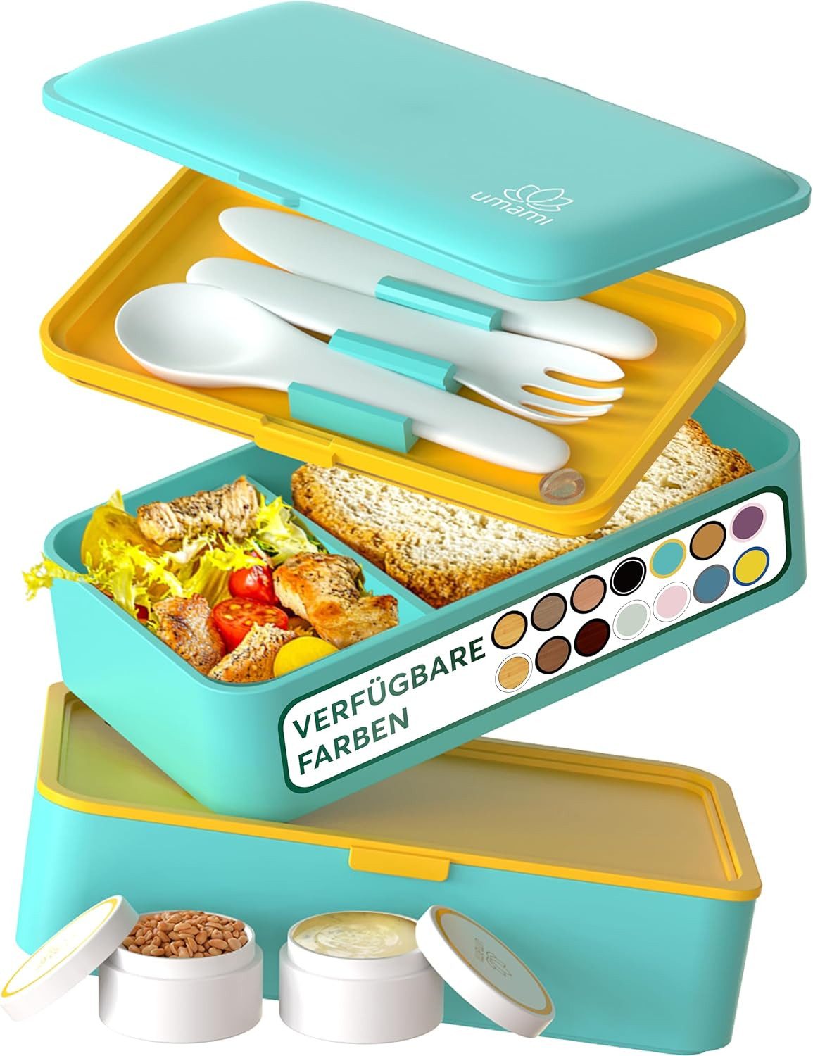 UMAMI Lunchbox All-in-1 1,2L Brotdose - mit Besteck und 2 Saucenbehältern, (für Erwachsene mit Zubehör), Auslaufsichere Brotbox mit Fächern für Meal Prep