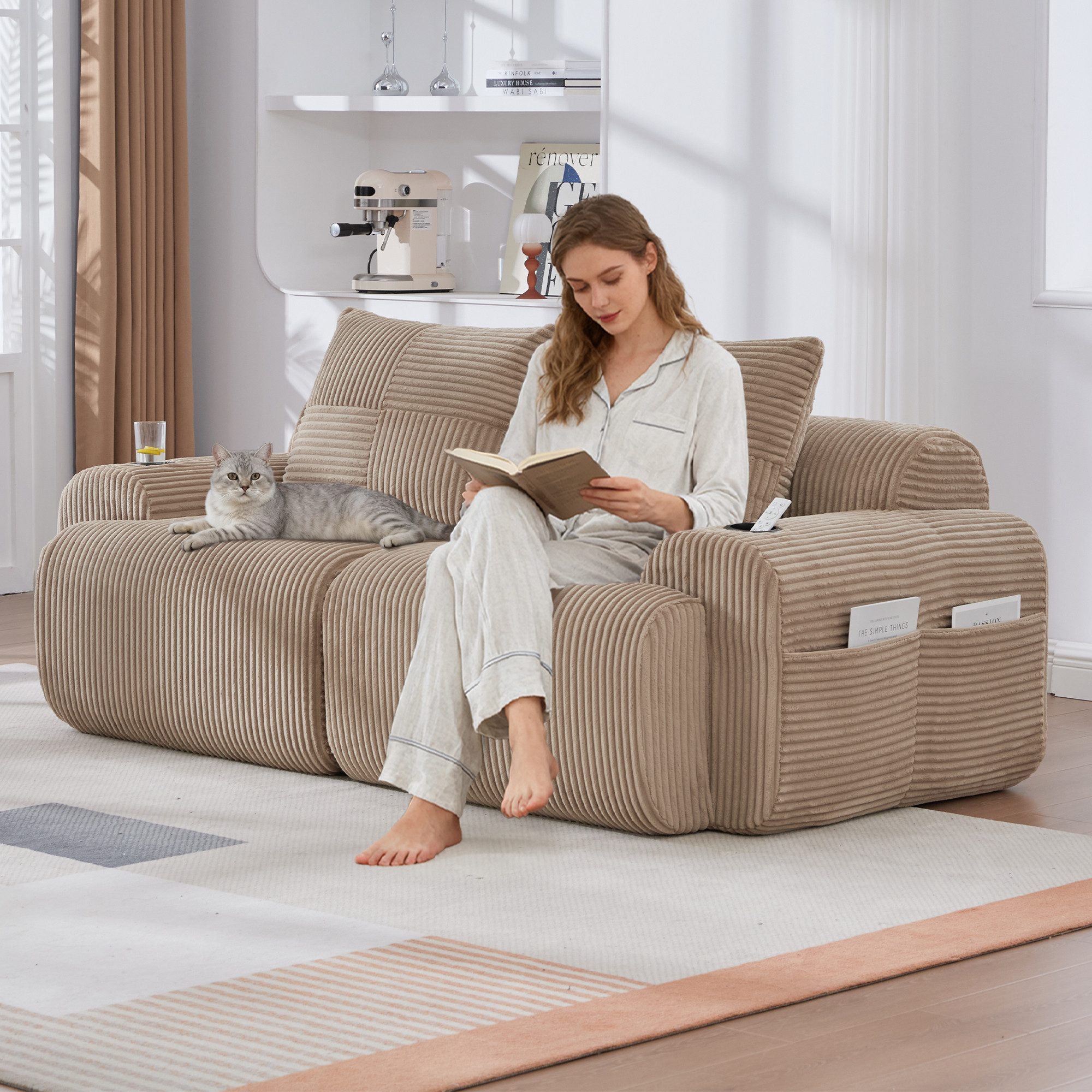 Odikalo Ecksofa Modulares Sofa mit Schlaffunktion, Eckcouch mit 2 Hockern, U Form, Modulares Cordsofa für 3 Personen (mit 2 Hockern), frei kombinierbar, inklusive Getränkehalter und seitlicher Aufbewahrungstasche, ideal für Wohnzimmer, Familienzimmer und weitere Räume
