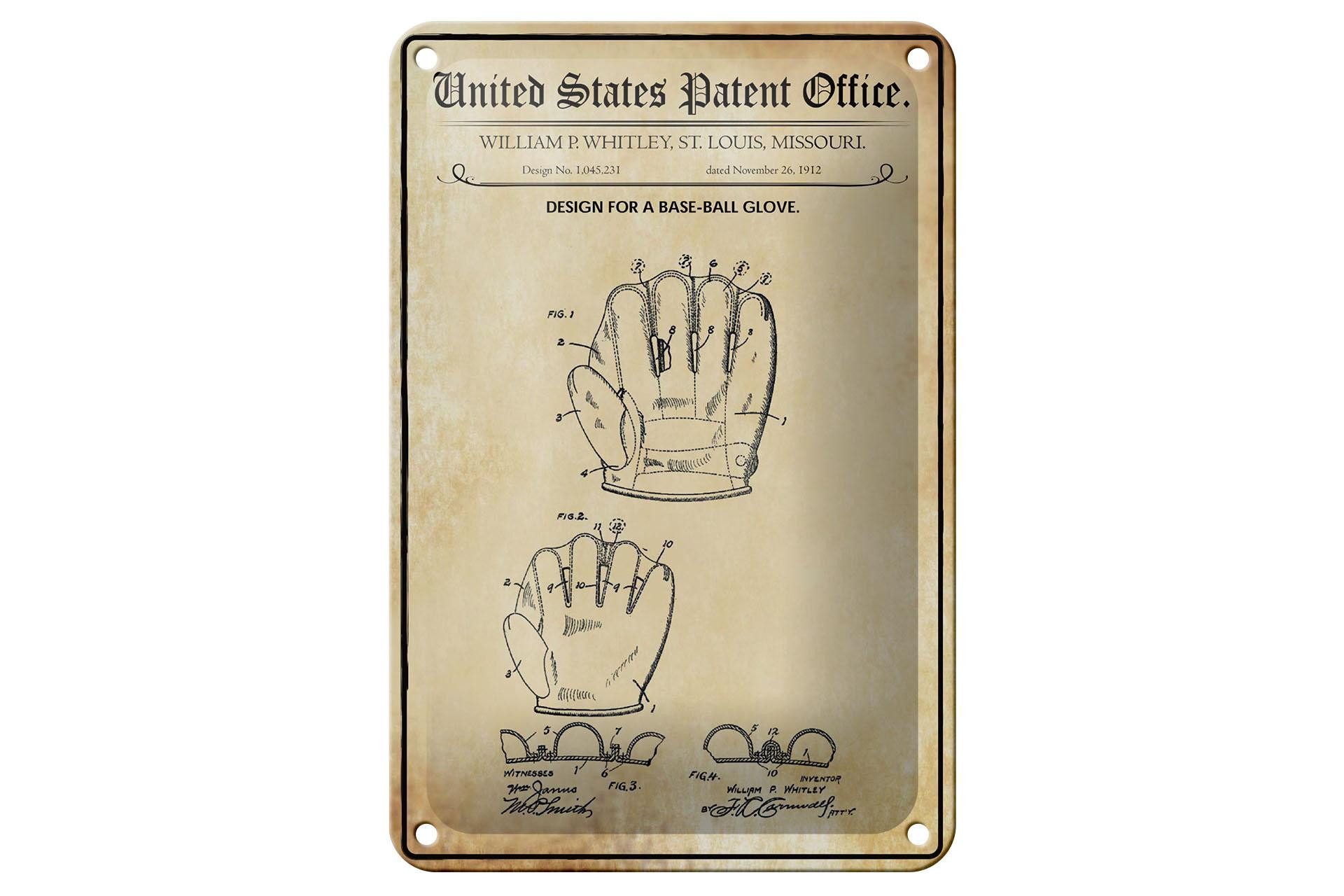 Femer GmbH Metallschild Patent 12x18 cm Entwurf für einen Baseball-Handschuh, (1 St), gewölbte Oberfläche, abgerundete Ecken, umgeschlagene Kanten