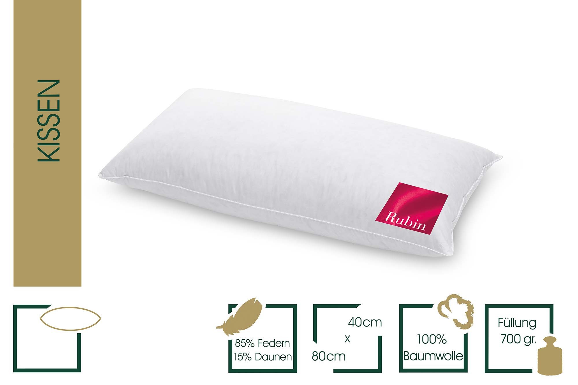 HANSKRUCHEN 3-Kammer-Kopfkissen HANSKRUCHEN Daunenkissen Kopfkissen Kopfkissen Rubin 40 x 80 cm, Füllung: 90% Daunen, 10% Federn, Bezug: 1005 Baumwolle, hergestellt in Deutschland, für Allergiker geeignet