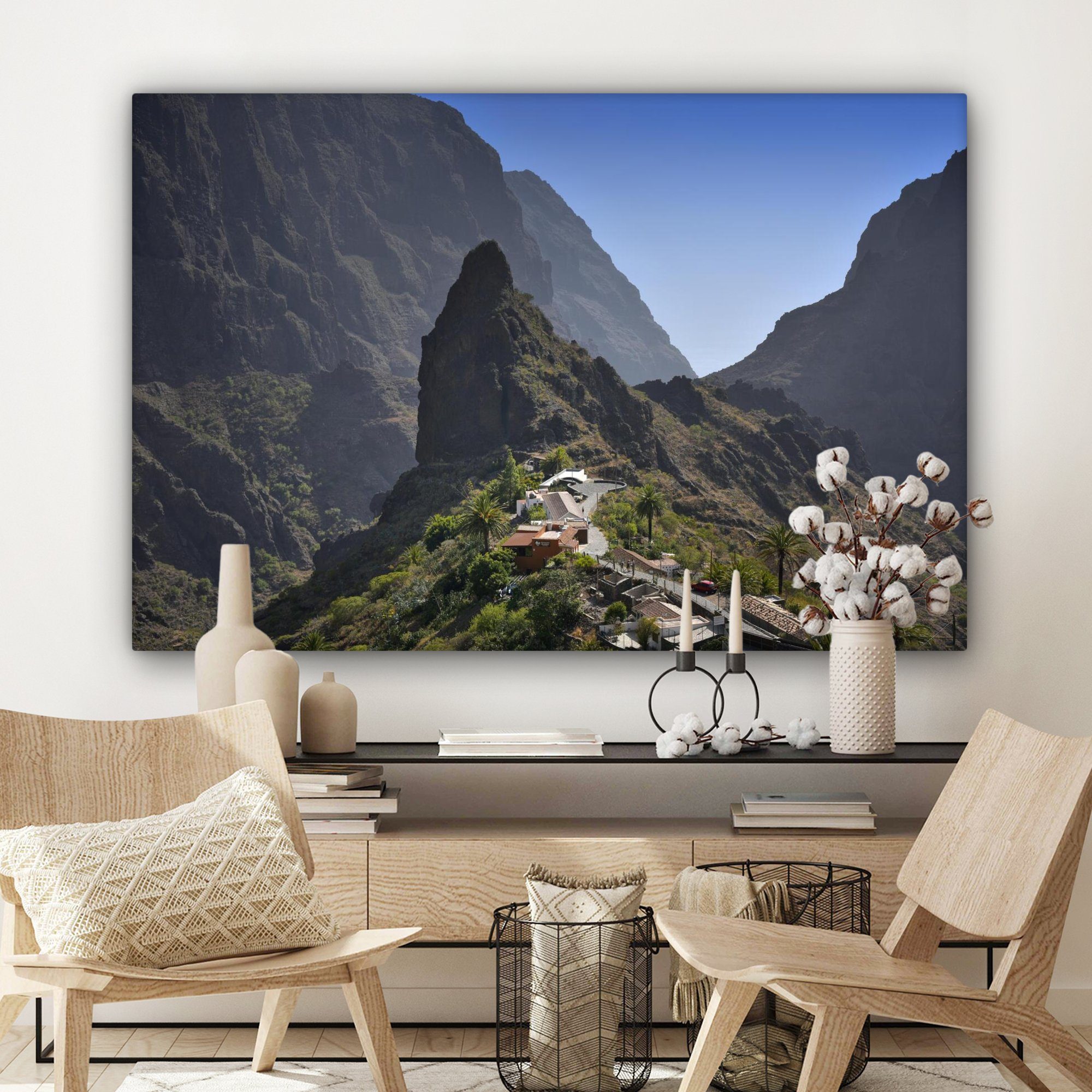 alle Wohnbereiche, Gemälde, Berge großes, St), cm XXL, OneMillionCanvasses® und Spanien, 120x80 für Leinwandbild Wandbild Blick Teneriffa auf (1 Bergdorf