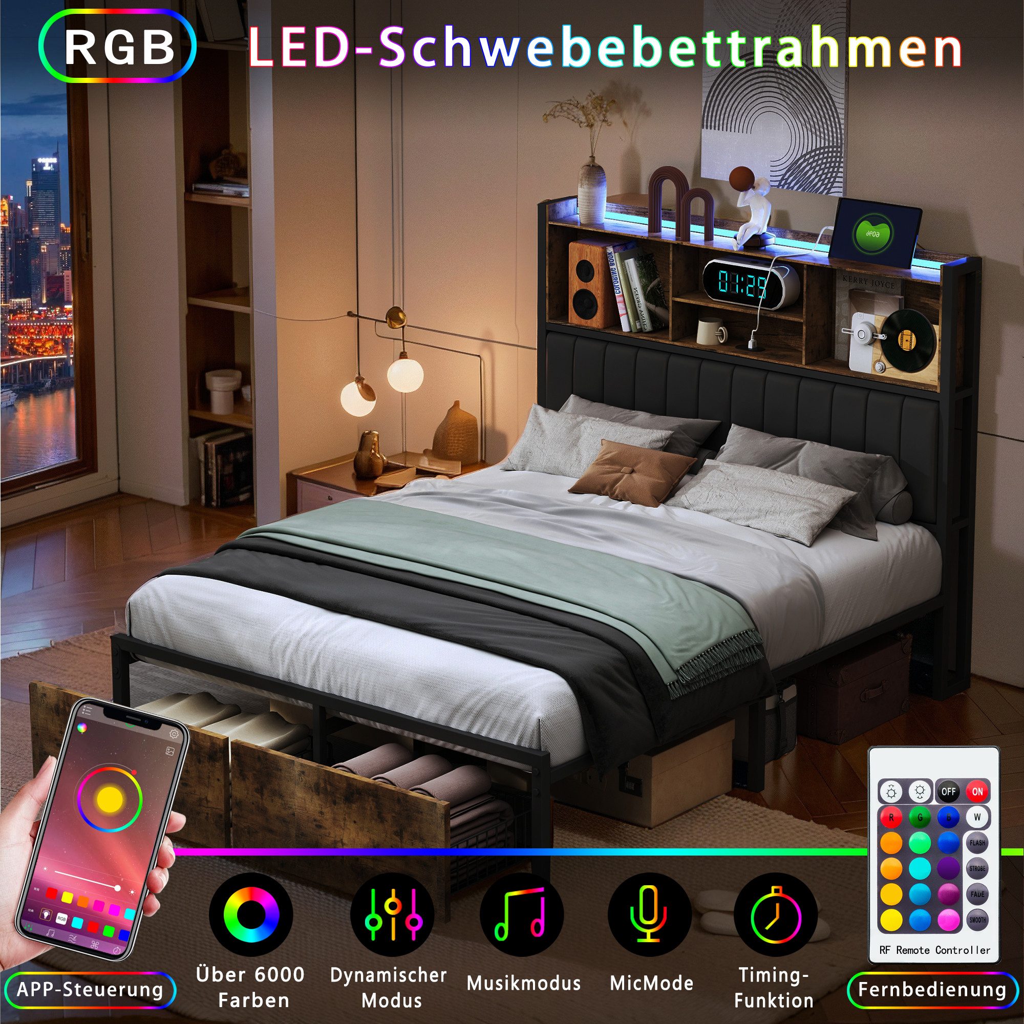 Simurq Bettgestell LED Stauraumbett 160x200 cm mit USB, Kopfteilregal und 2 Schubladen (Set, 1-tlg) (Doppelbett 160x200mit Lattenrost, ohne Matratze), Jugendbett,Schubladenbett,Industriebett,Metallbett