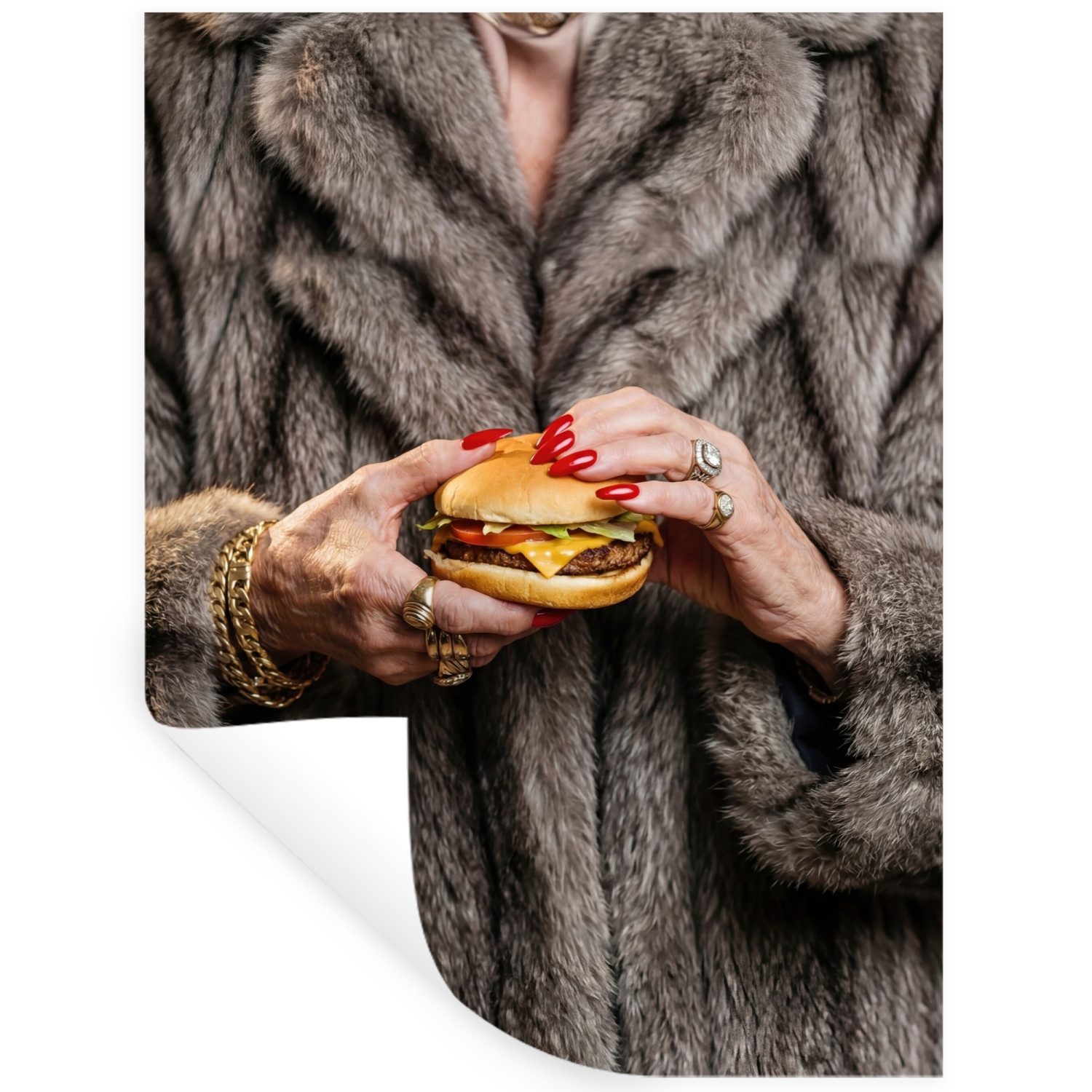 MuchoWow Wandsticker Frau - Hamburger - Pelzmantel (1 St), Wanddeko, Aufkleber, Wandtattoo, 90x120 cm