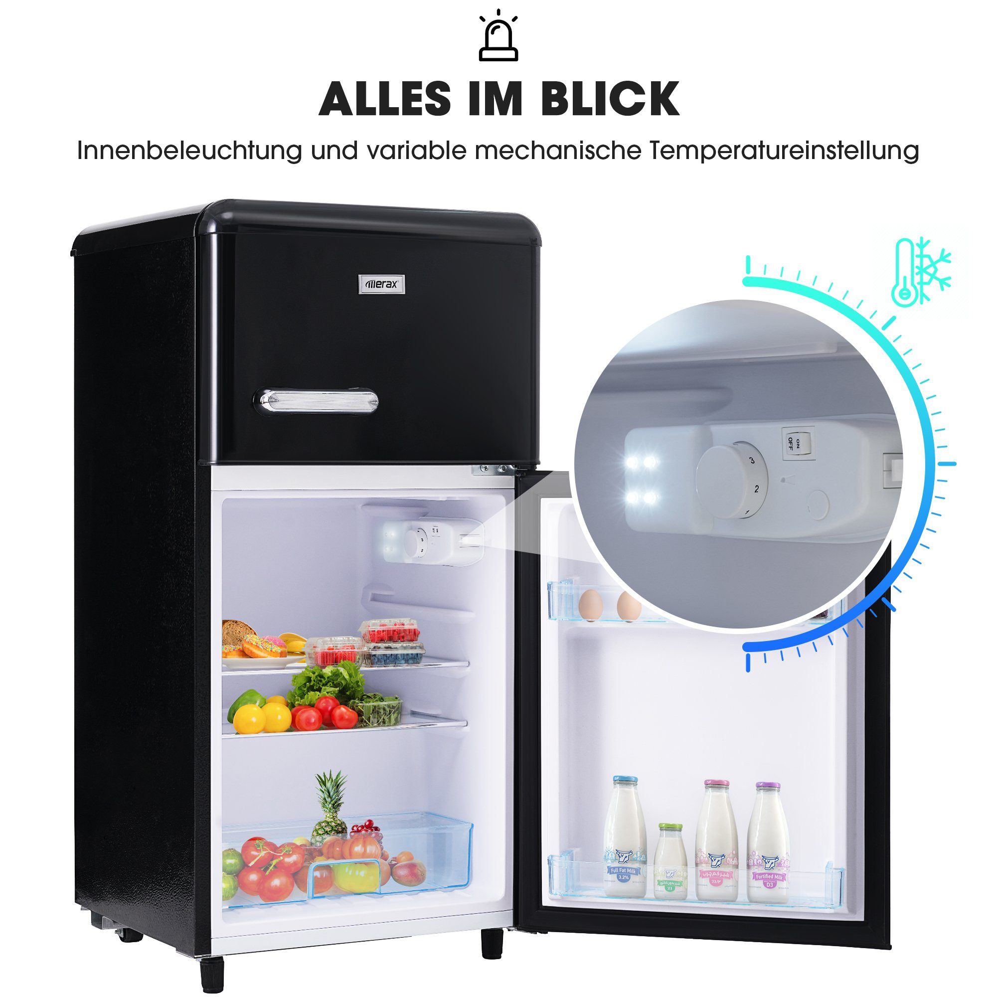 Merax Table Top Kühlschrank Retro Kühl-/Gefrierkombination BCD-100C, 89 cm hoch, 45 cm breit, 72 Liter, Metall Türgriff, verstellebare Ablage und Füße