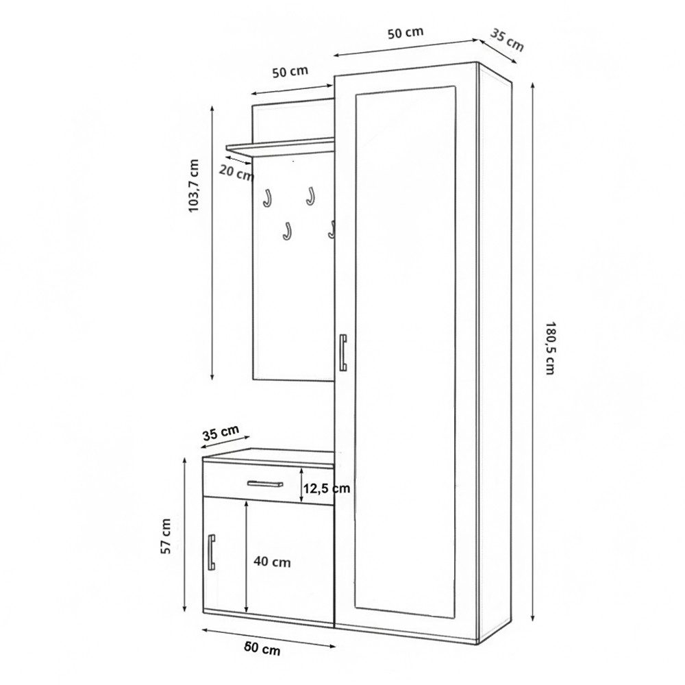 Masseno Garderobenschrank VENTO 100 x 180,5 cm Flurmöbel mit Spiegel und 1 Tür Grau