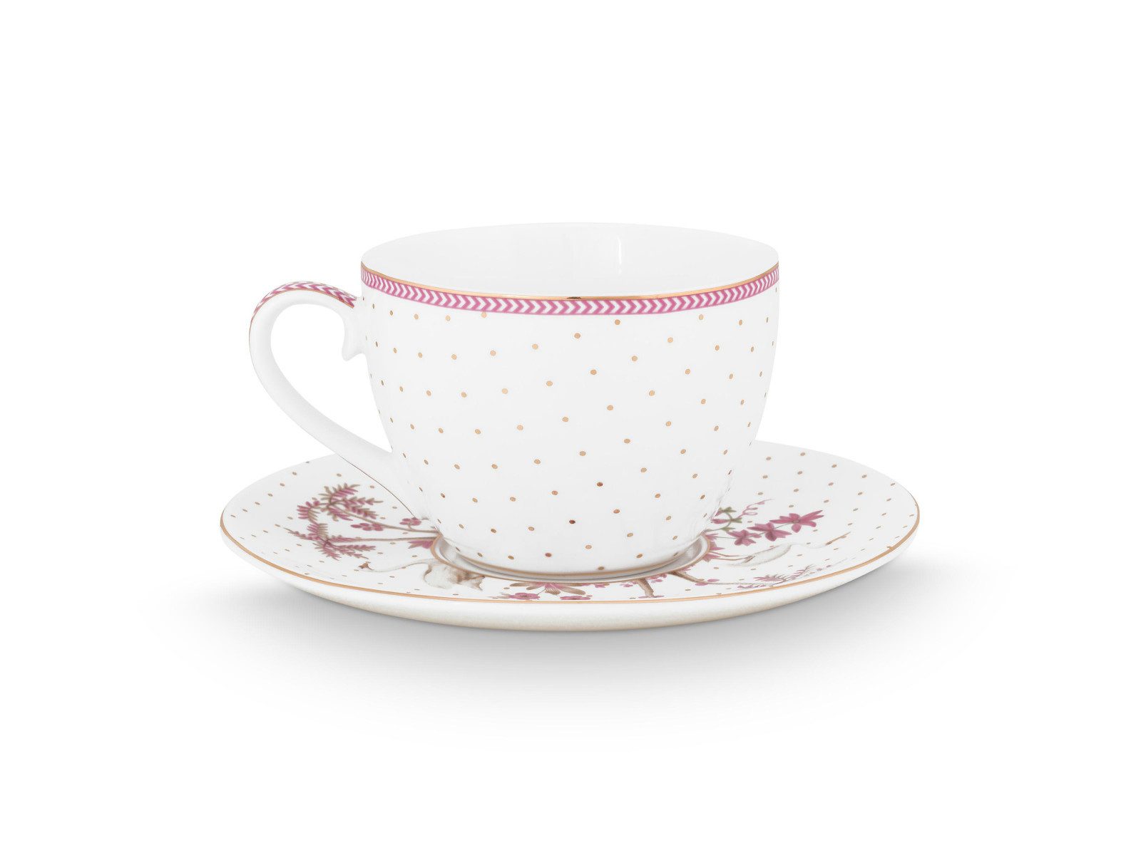 PiP Studio Tasse Jolie Dots Gold Pink Tasse mit Untertasse 280ml, Porzellan