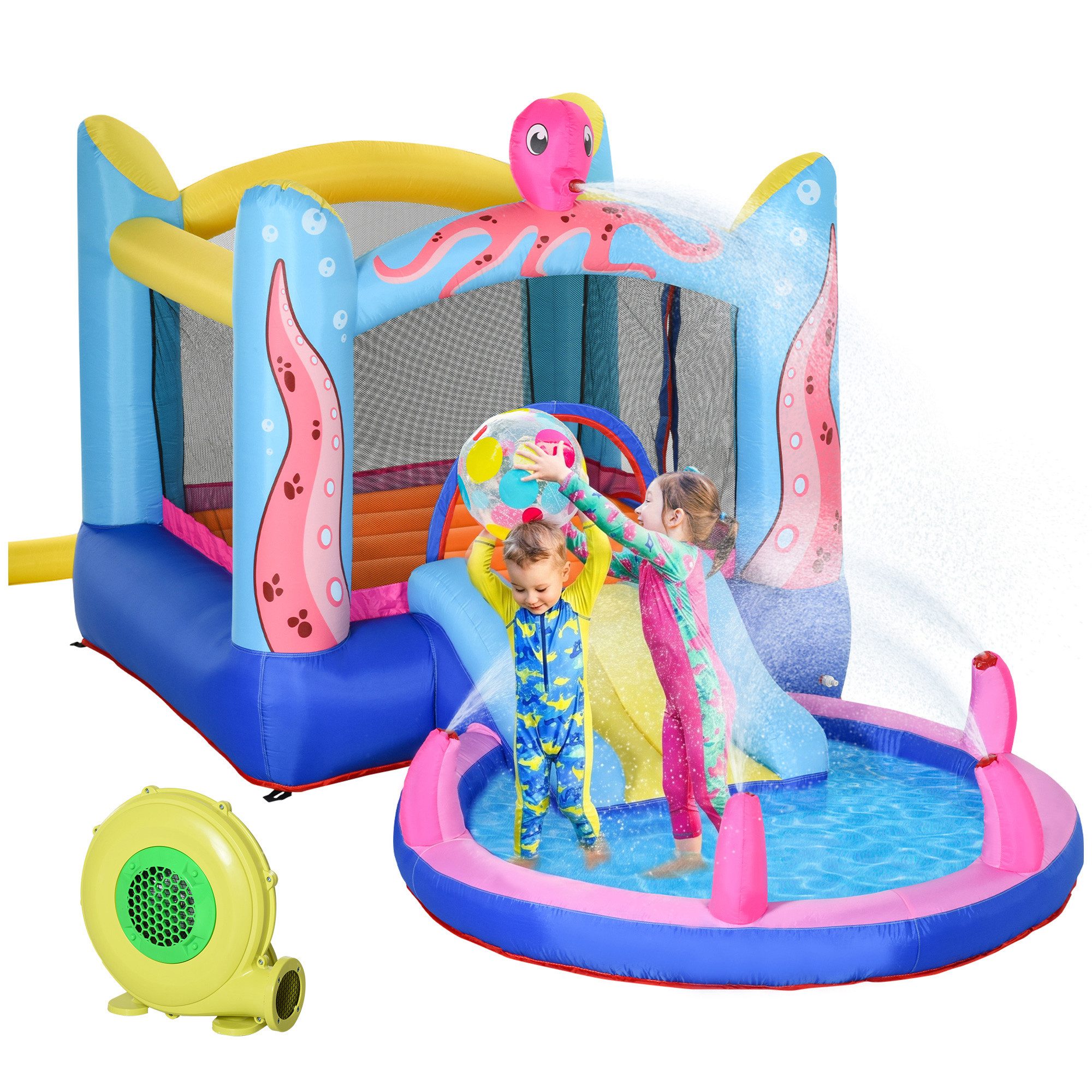 Outsunny Hüpfburg Aufblasbare Springburg mit Rutsche für 3-8 Jahre Oktopus-Muster, (Wasserpark, 3-tlg., Spielburg), für Außenbereich, Mehrfarbig