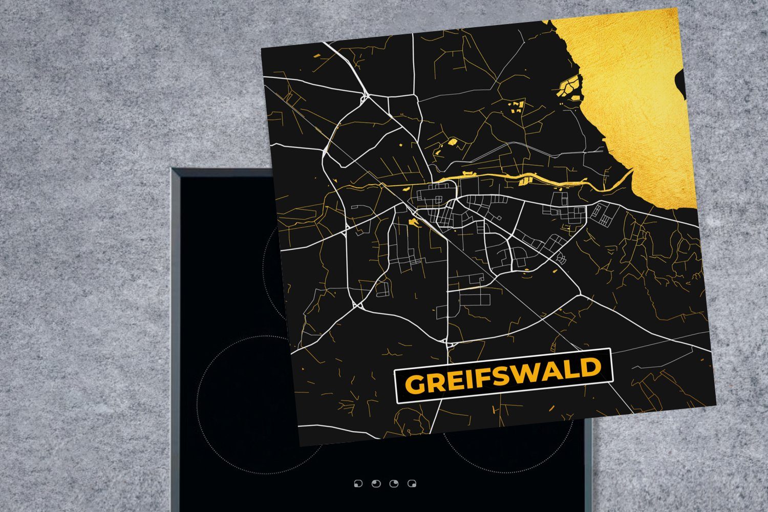 - Gold Greifswald Schwarz - Arbeitsplatte Deutschland Ceranfeldabdeckung, 78x78 für Vinyl, MuchoWow cm, Herdblende-/Abdeckplatte küche Stadtplan tlg), - (1 Karte, und -