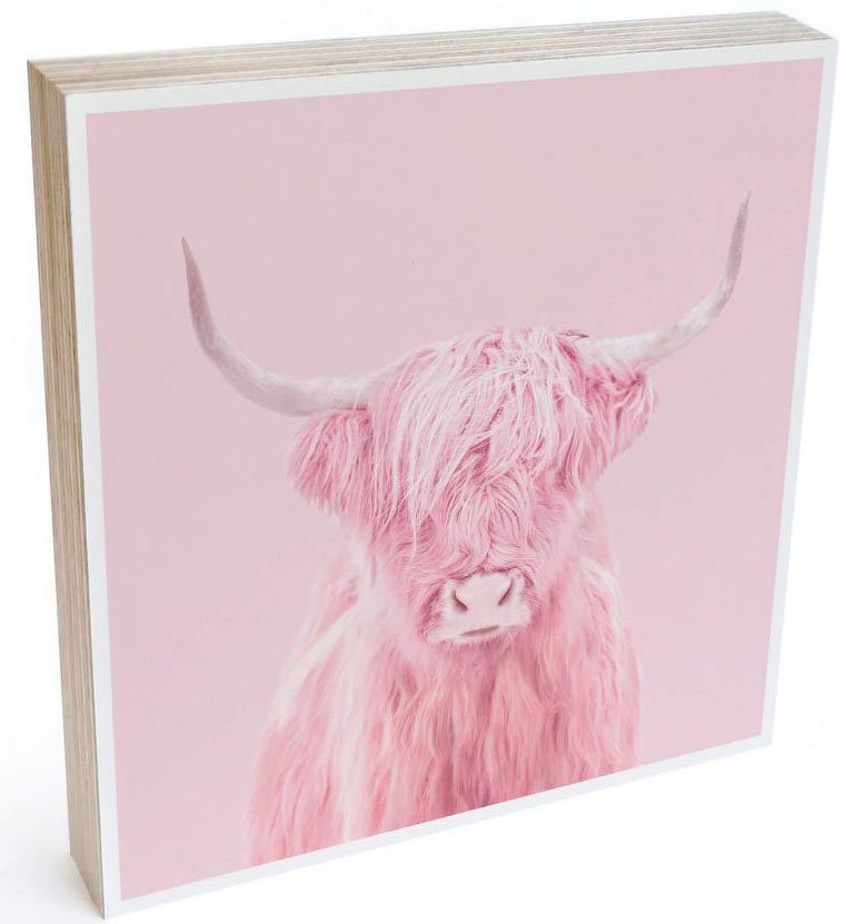 Wall-Art Holzbild Tischdeko Rosa Highland Cow, (1 St)