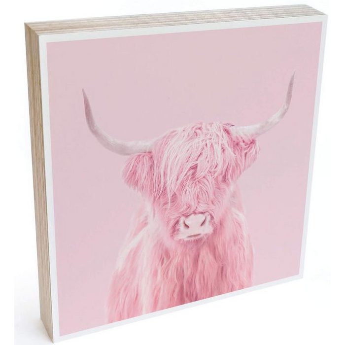 Wall-Art Holzbild Tischdeko Rosa Highland Cow (1 St)