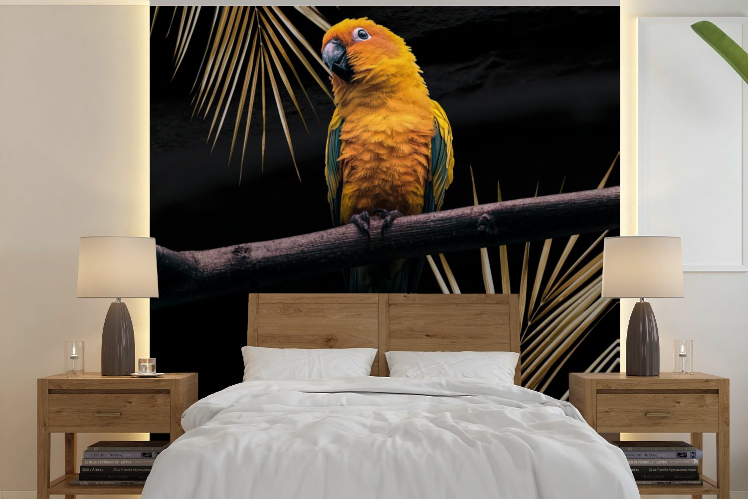 MuchoWow Fototapete Vogel - Papagei - Zweig - Farn, Matt, bedruckt, (5 St), Vinyl Tapete für Wohnzimmer oder Schlafzimmer, Wandtapete