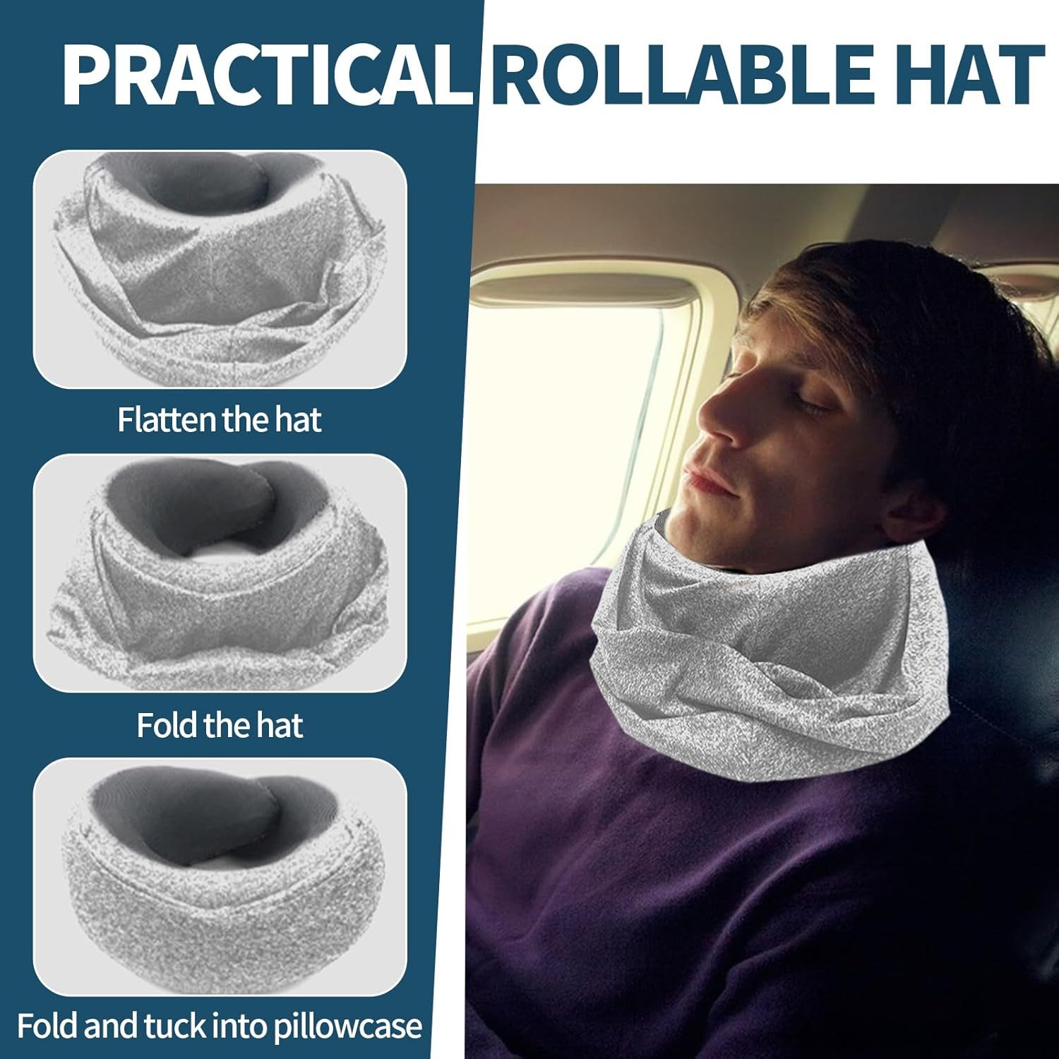 FELIXLEO Reisekissen Nackenkissen Flugzeug, Memory Foam Reisekissen mit Kapuze, Hellgrau, 1-tlg.